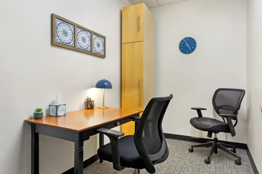 Private on-site touchdown office and small focus interview workspace for traveling researchers at L&E Research Raleigh.