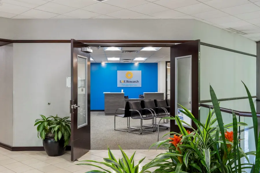 Interior entrance leading into the L&E Research Raleigh reception area