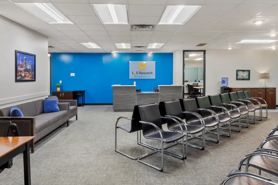 Bright and spacious panel participant reception seating lounge at the L&E Research facility in Raleigh, North Carolina.