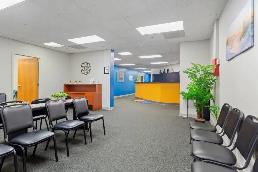 Modern hospitality lobby and participant waiting seating lounge at the L&E Research focus group facility in Tampa, FL.