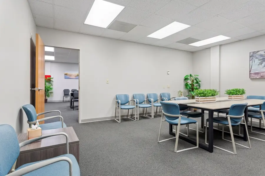 Spacious visitor lounge and check-in lobby setup maximizing safety and privacy for research panels at L&E Research Tampa.