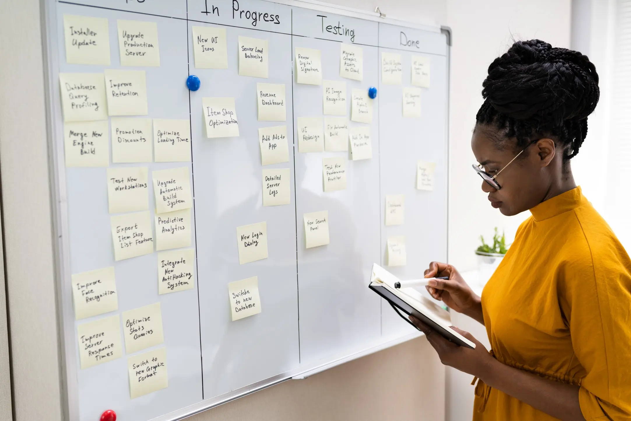Woman standing in front of Kanban whiteBoard