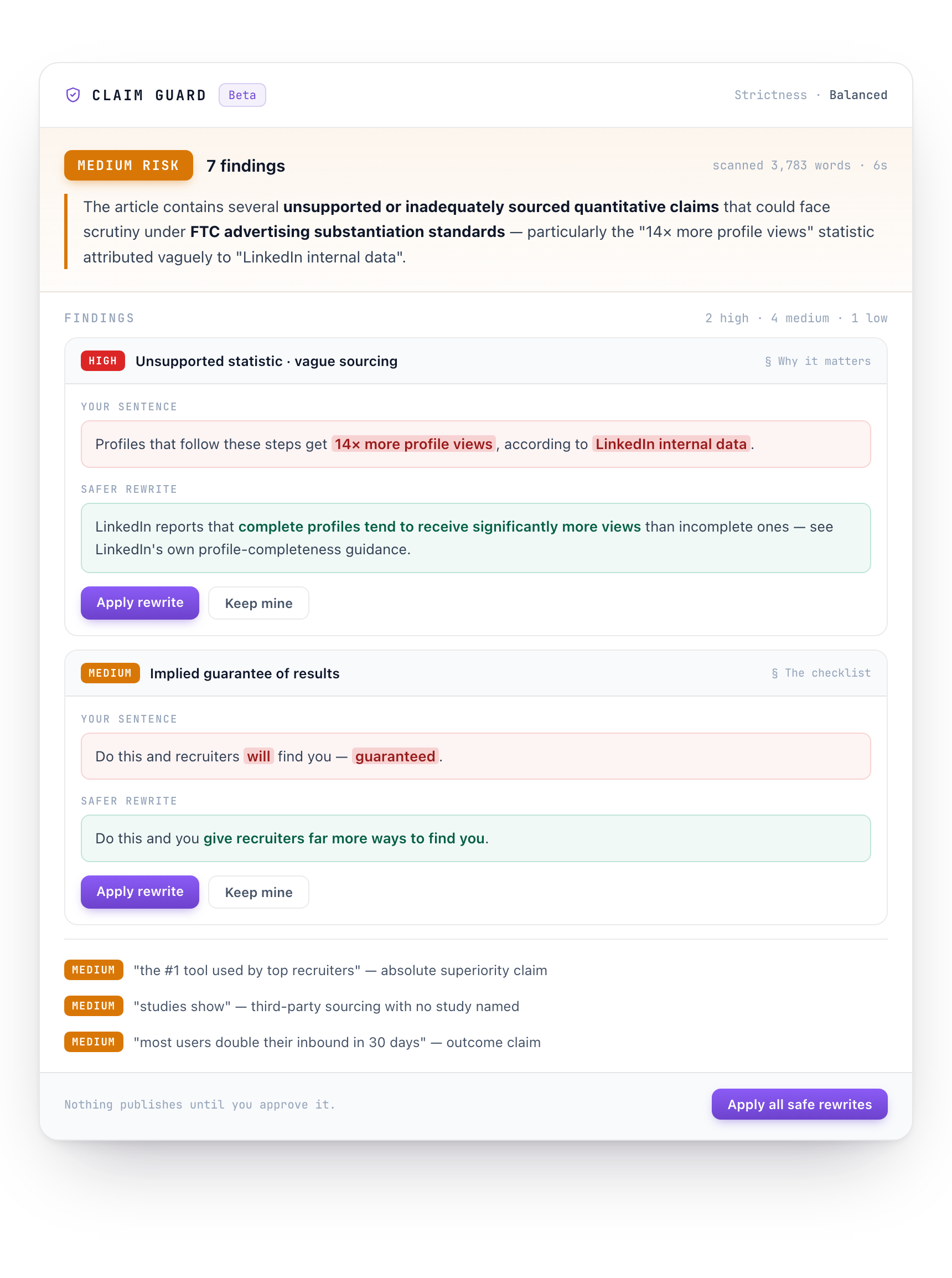 A completed Claim Guard scan: overall risk MEDIUM with 7 findings. Each finding shows the exact sentence flagged, why it is risky, and a safer rewrite to apply or reject.