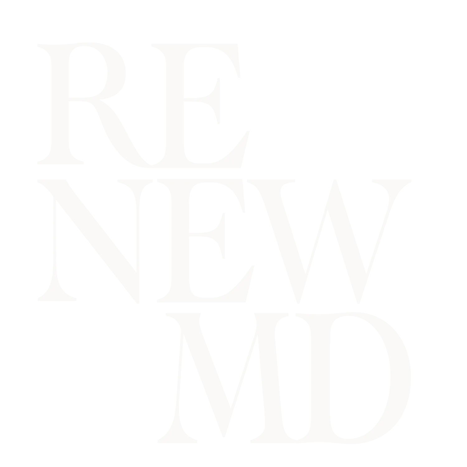 Logo with the stylized text 'RE NEW MID' arranged in three lines with a horizontal line separating RE and NEW.