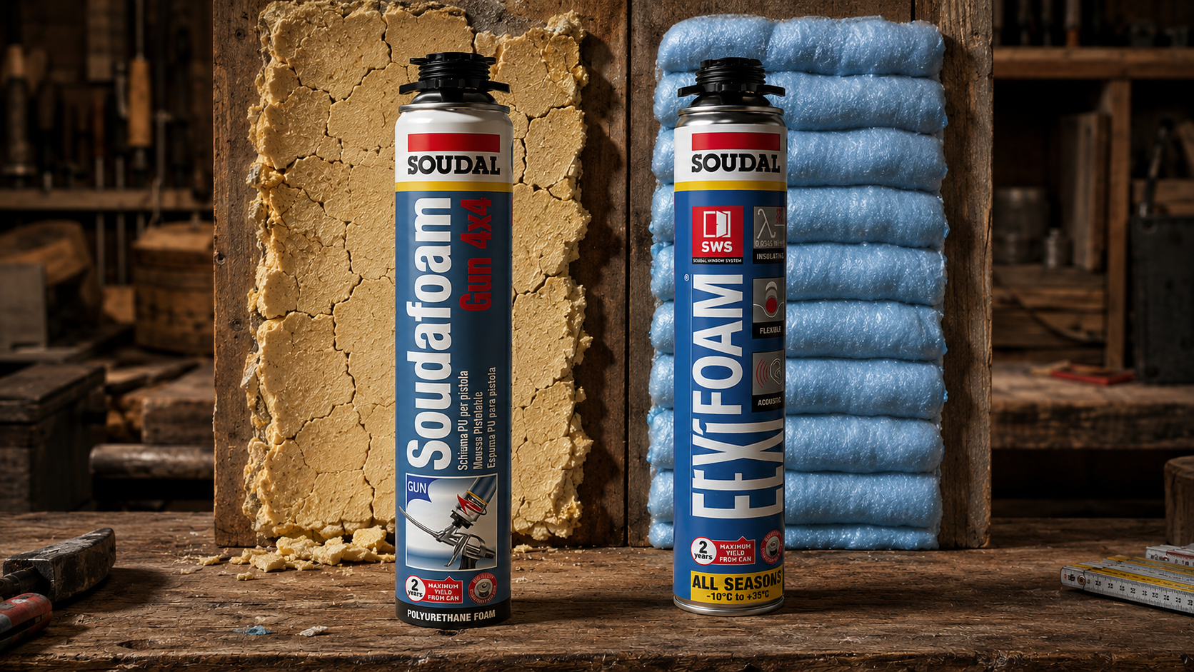 Comparación entre espuma amarilla Soudafoam deteriorada y espuma azul Flexifoam en buen estado en un marco de puerta