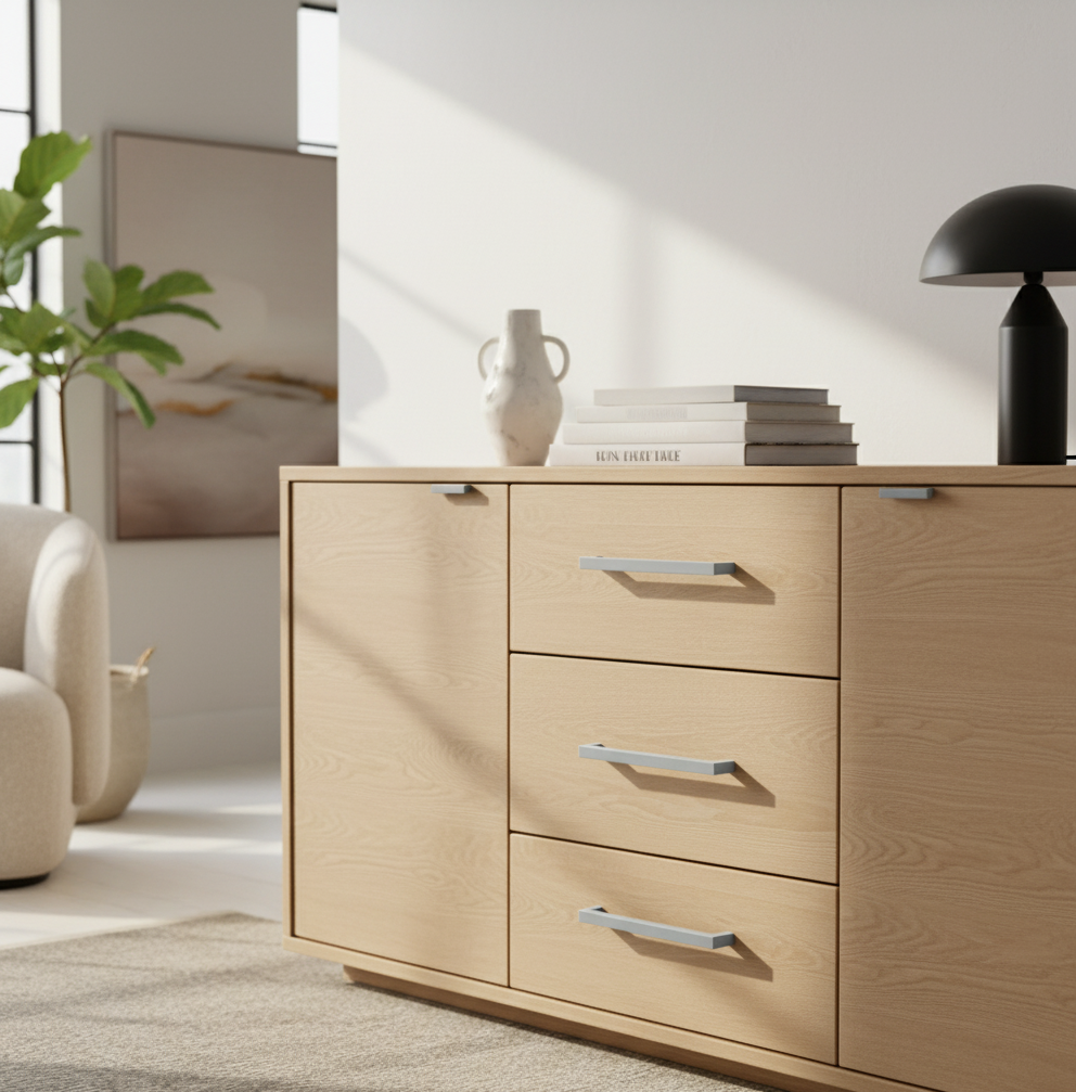 tirador BASIC Azul Ocean en mueble de roble