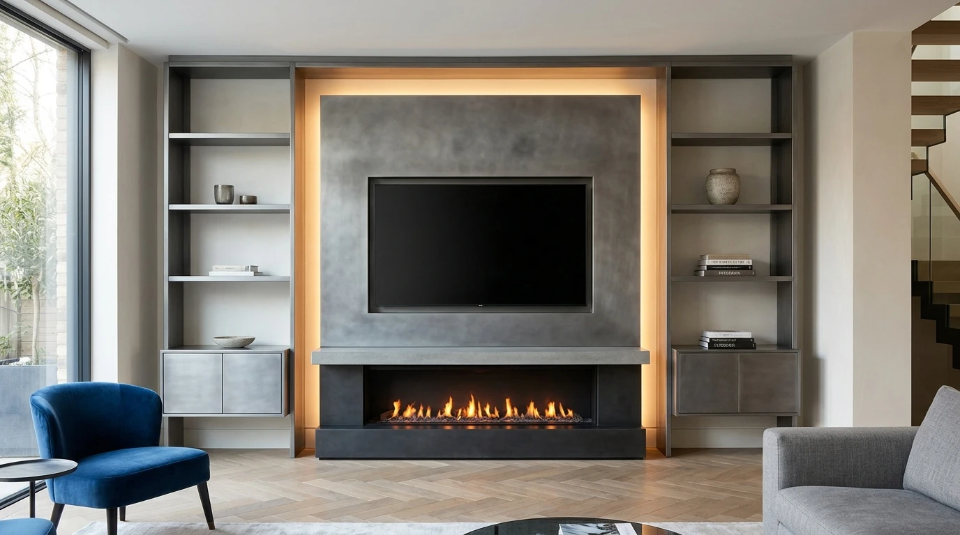 polished concrete bespoke media wall by RockVine Artisan Media Walls