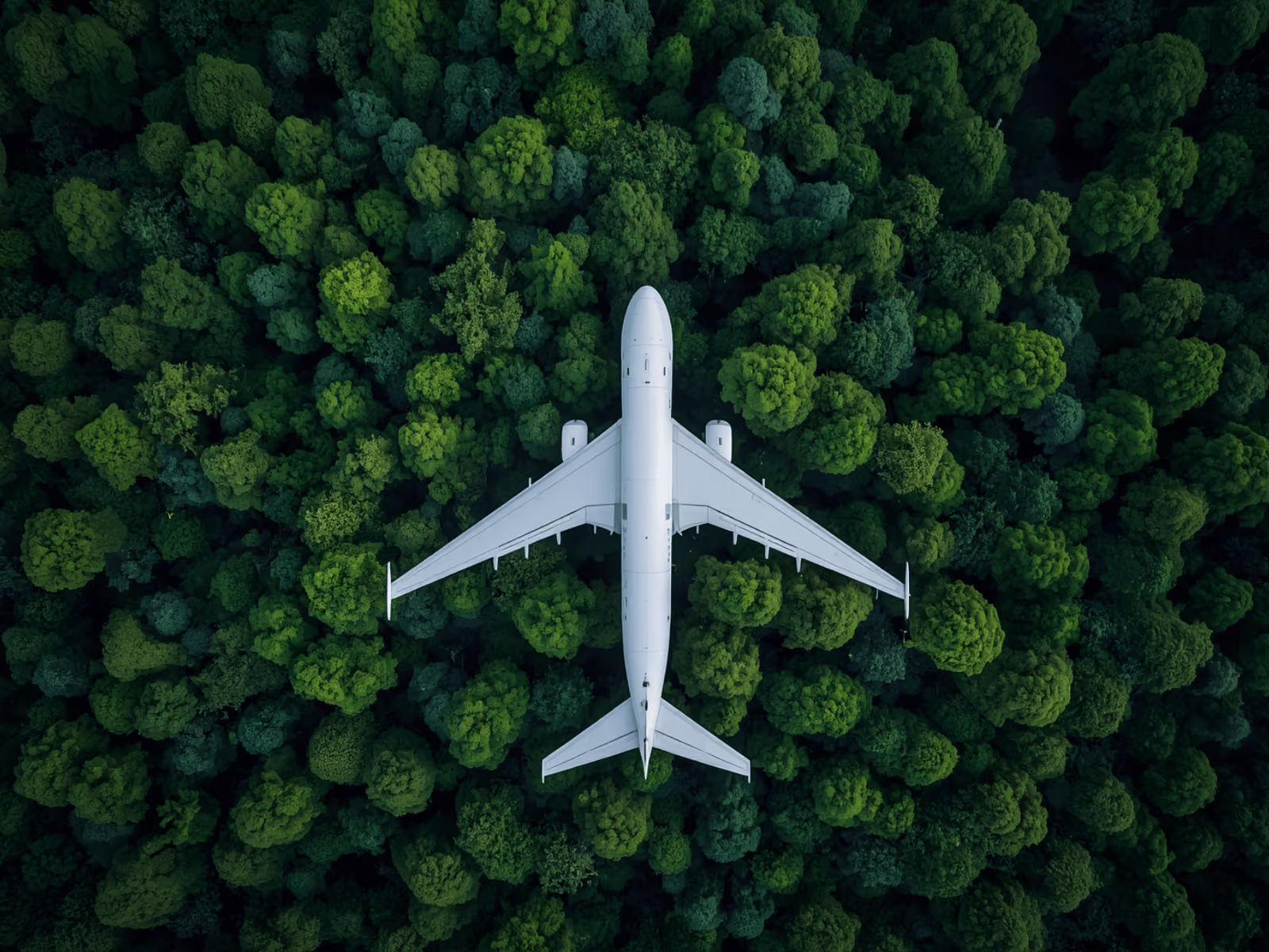 Passenger aircraft flying over a green forest — sustainable aviation fuel and aviation Scope 3 emissions