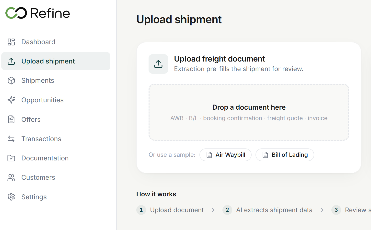Refine platform dashboard showing freight workflow management
