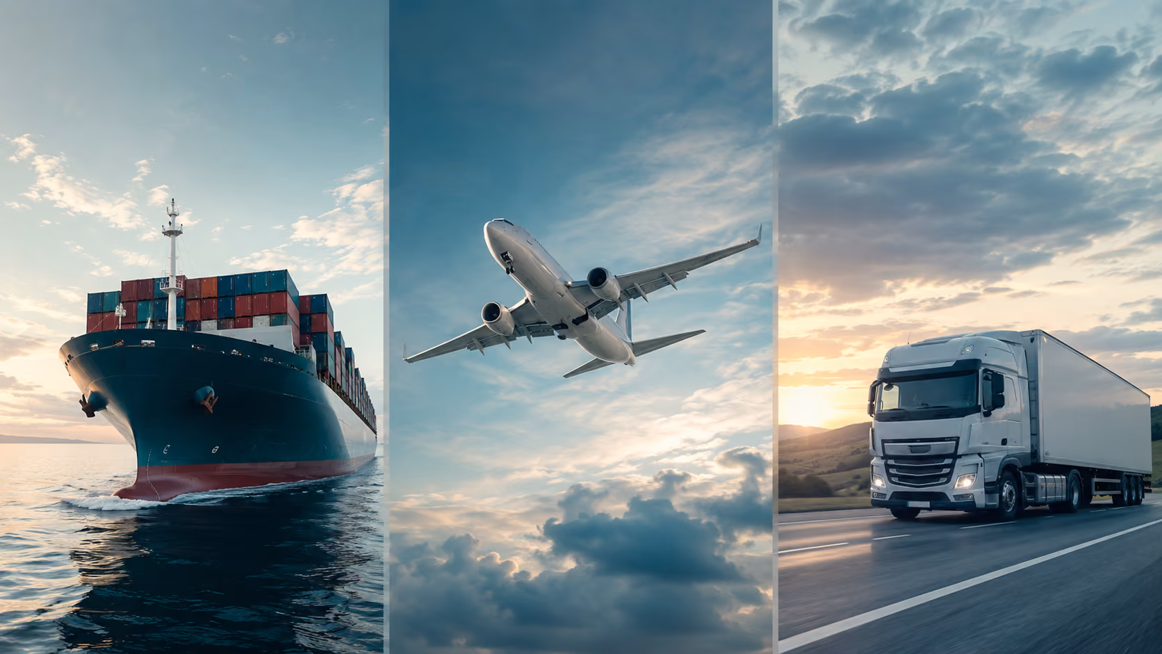 Air, ocean and road freight representing the logistics transition Refine is built for.