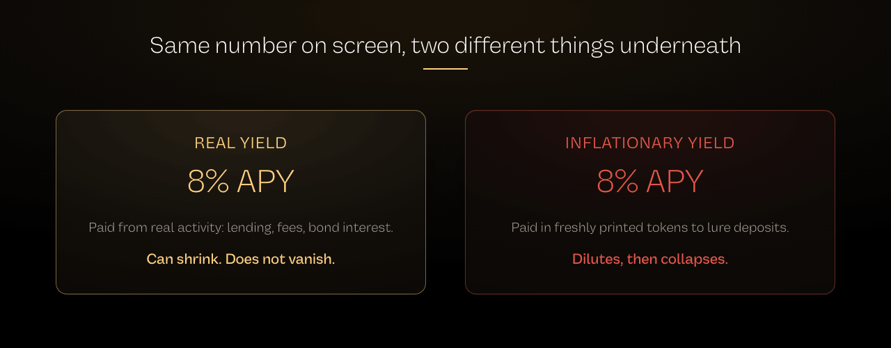 Diagram contrasting real yield backed by revenue with inflationary yield backed by token printing