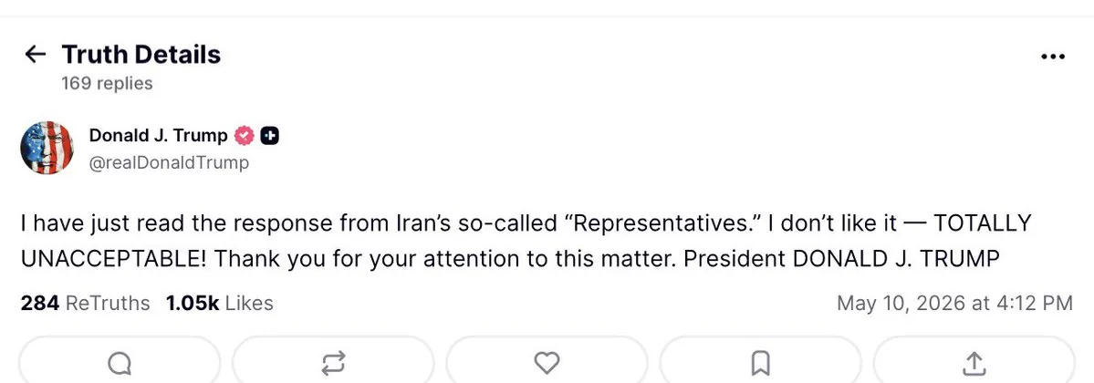 Screenshot of Donald Trump's Truth Social post calling Iran's response totally unacceptable