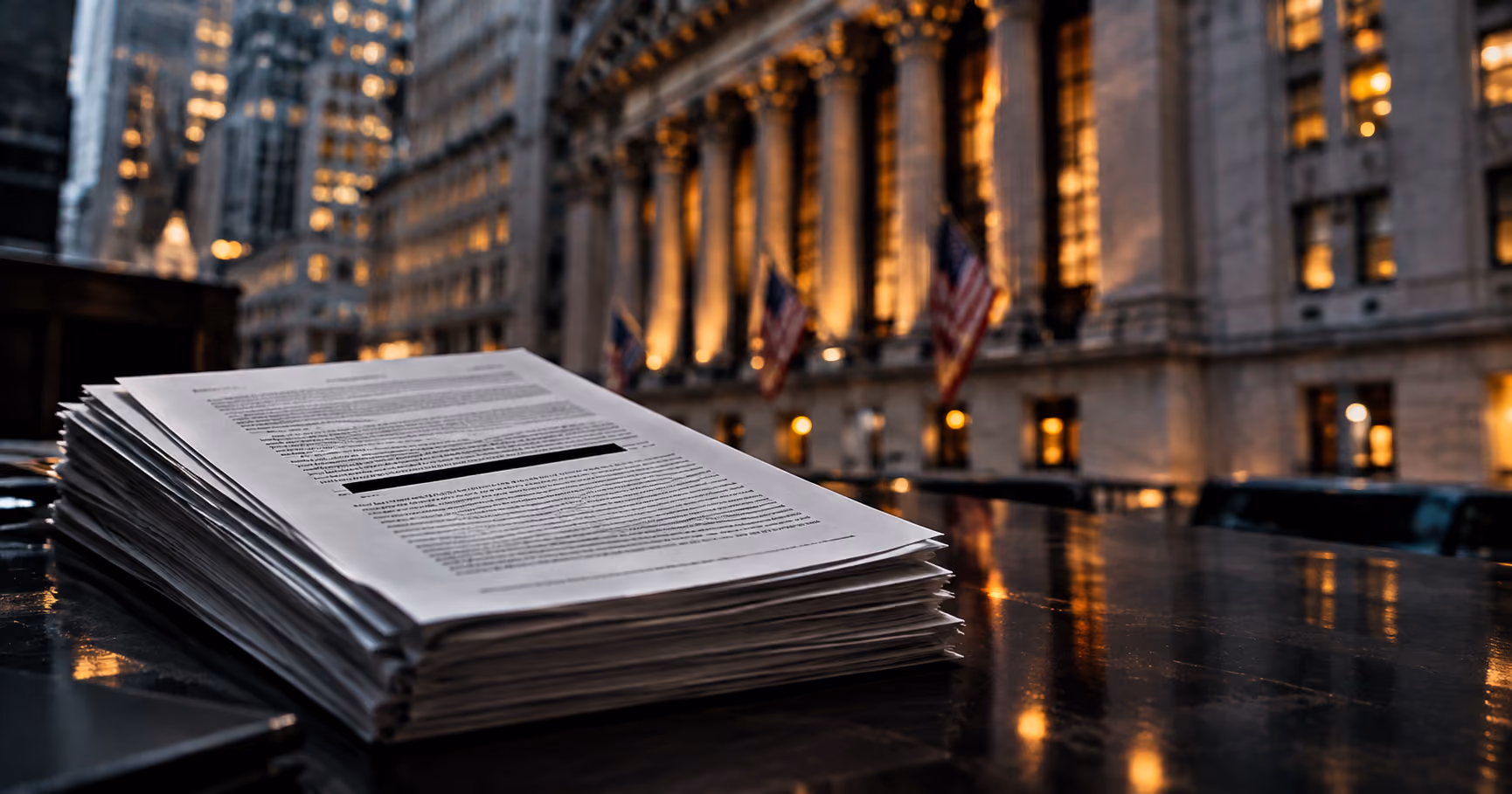 A printed filing with one line blacked out in front of a Wall Street building at dusk