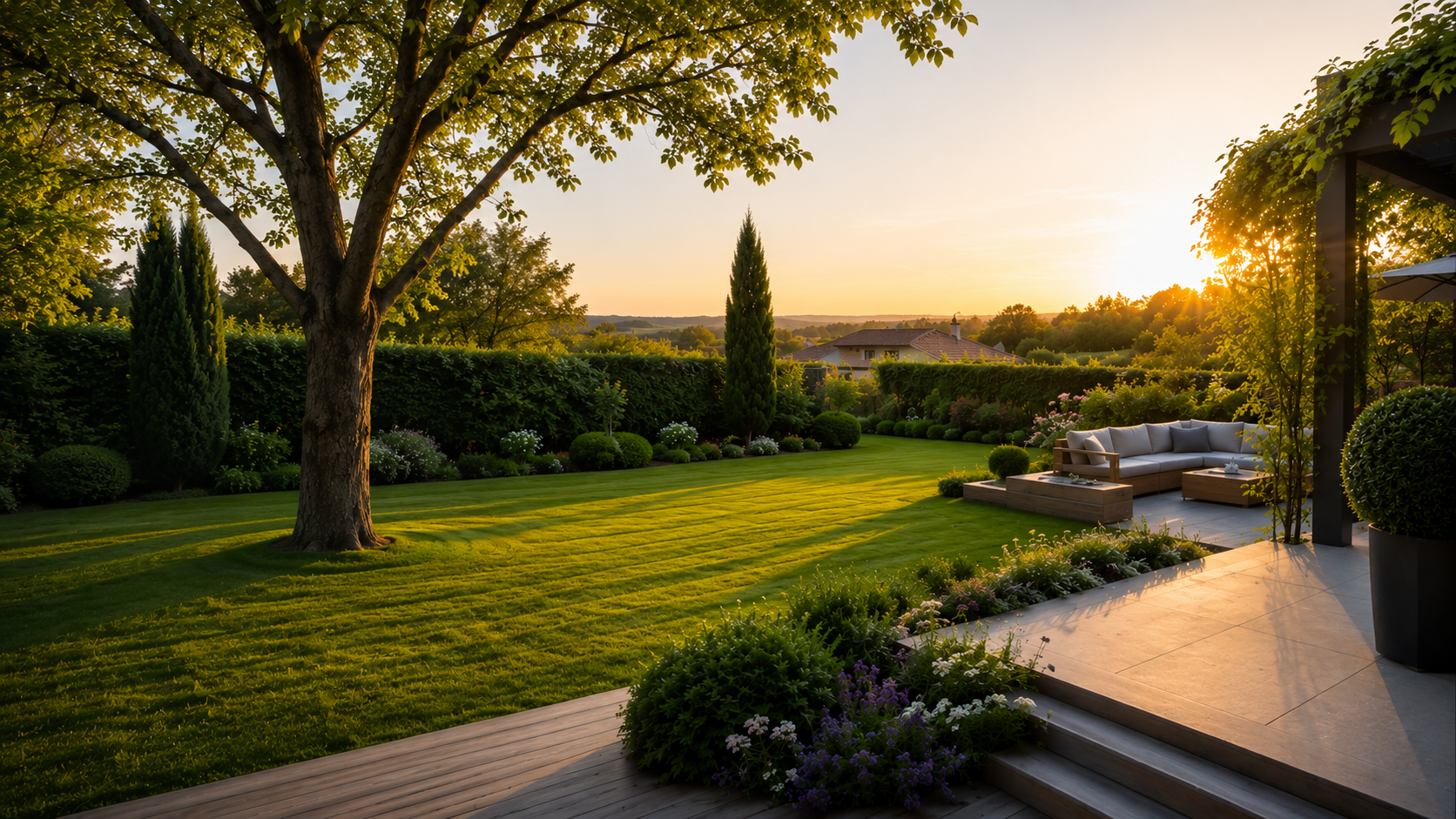 Jardin entretenu par Artisan Buche au coucher du soleil