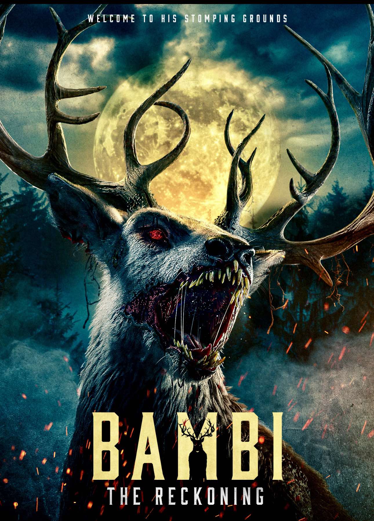 Fierce deer with sharp teeth and glowing eyes in front of a full moon and dark forest.