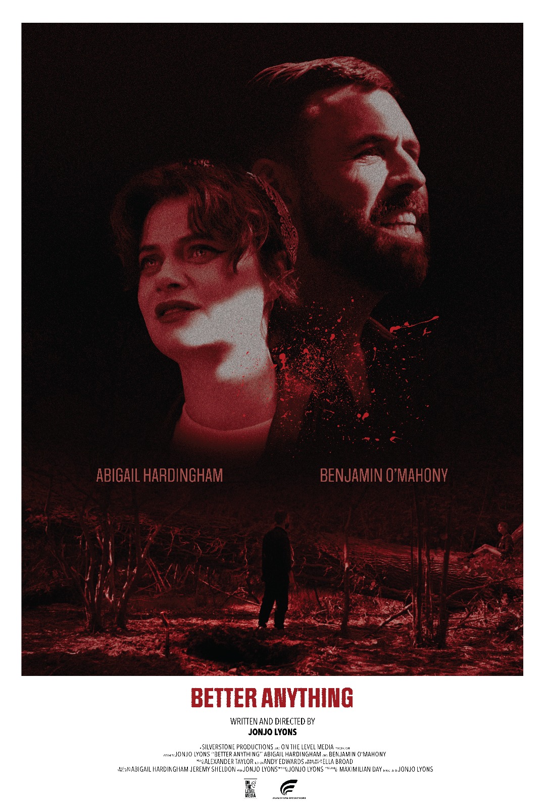 Movie poster for Better Anything with Abigail Hardingham and Benjamin O'Mahony's faces above a red forest scene.