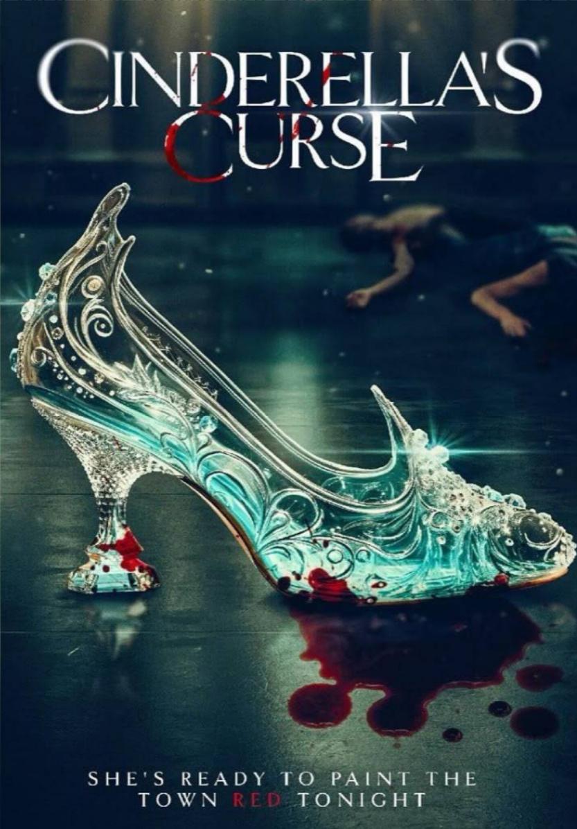 A glass slipper with blood underneath and a blurred body in the background, titled Cinderella's Curse.