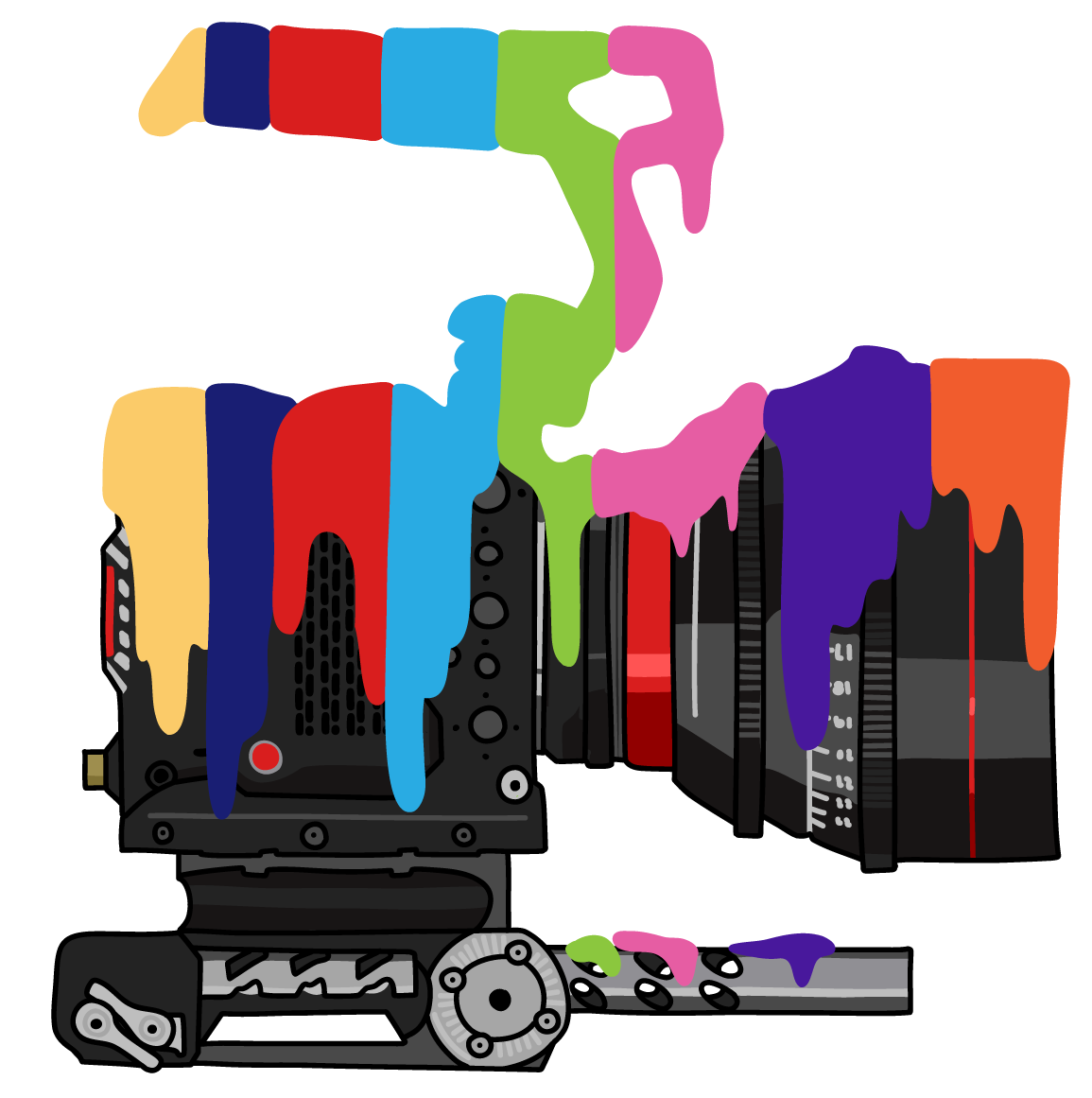 Black professional camera with multicolored paint drips covering parts of the body and lens.