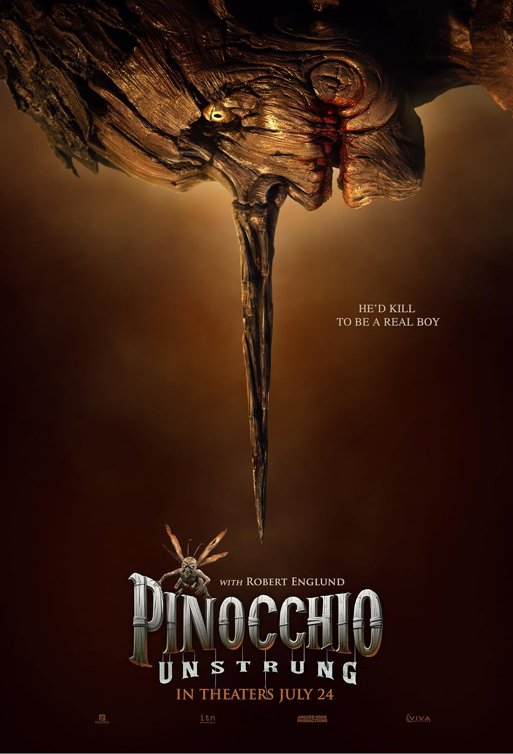 Creepy figure wearing a Winnie the Pooh mask holding a bloody hammer against a full moon in a dark forest.