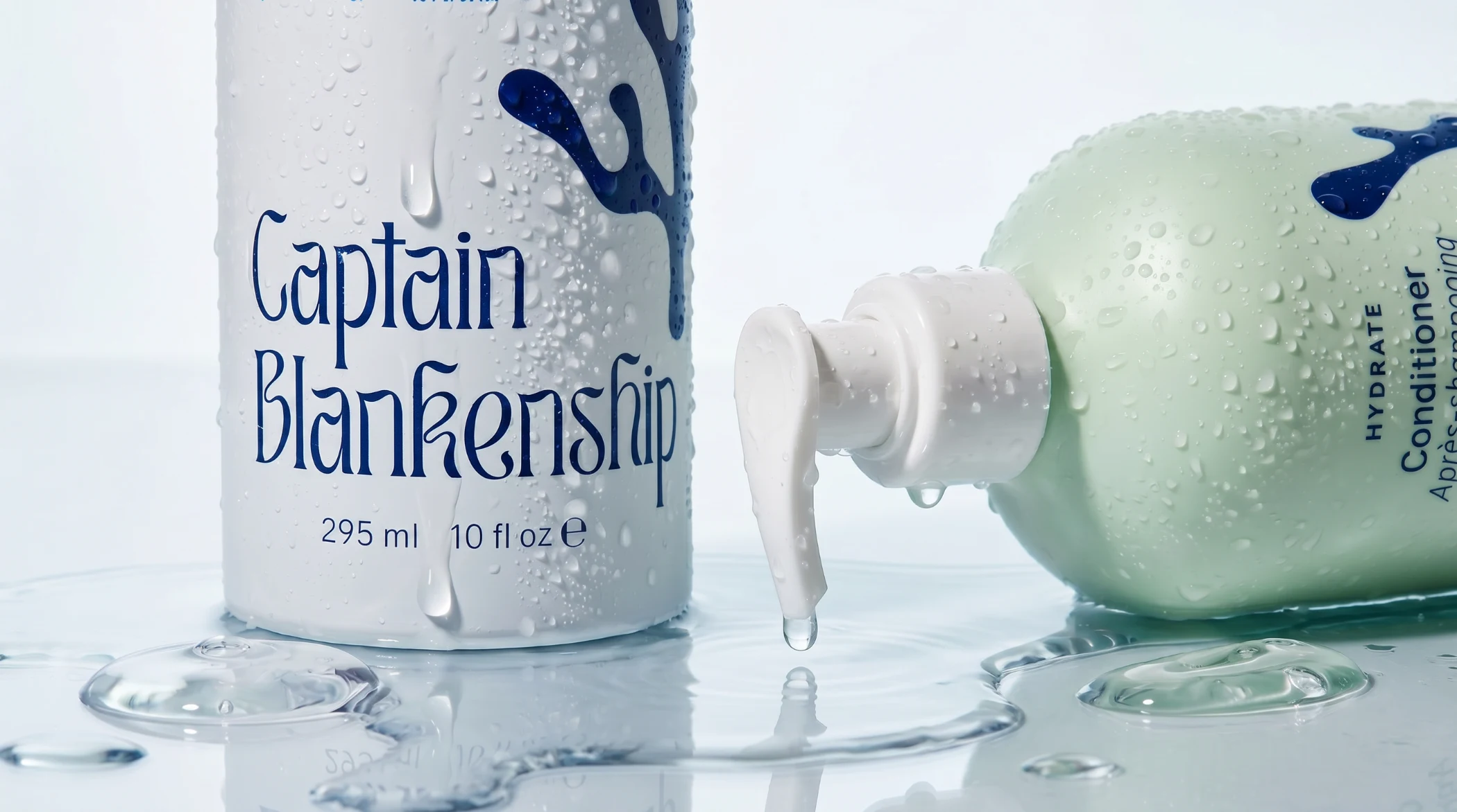 Wet Captain Blankenship shampoo bottle and conditioner pump lying on a wet surface with droplets.