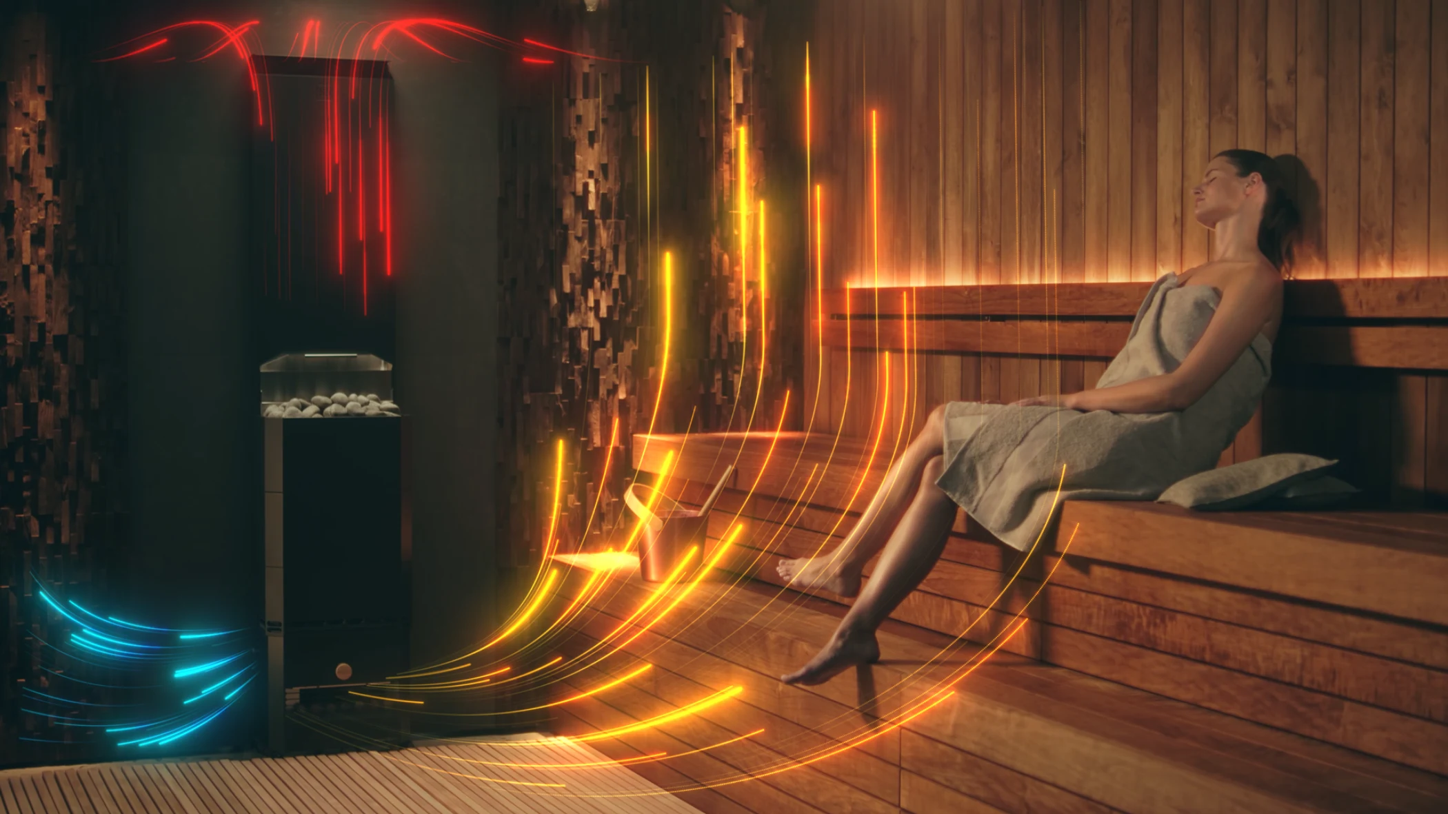 Woman wrapped in towel relaxing on wooden bench in sauna with colored airflow visualizations.