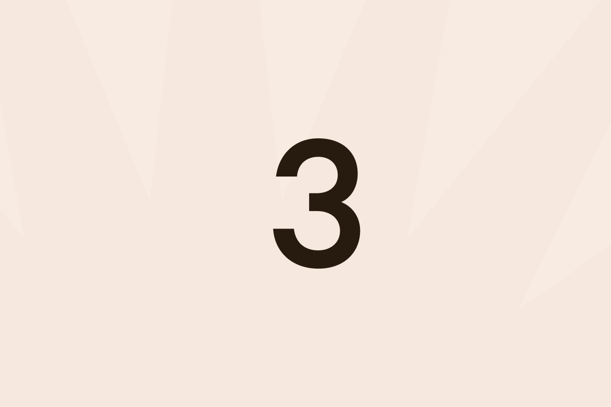 Large number 3 in dark font centered on light beige background with subtle rays pattern.