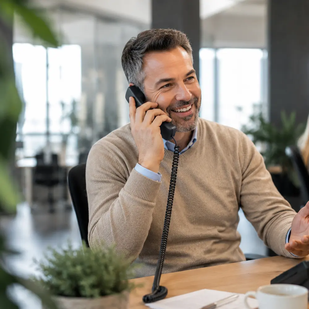 Mann telefoniert im Call-Center und lächelt