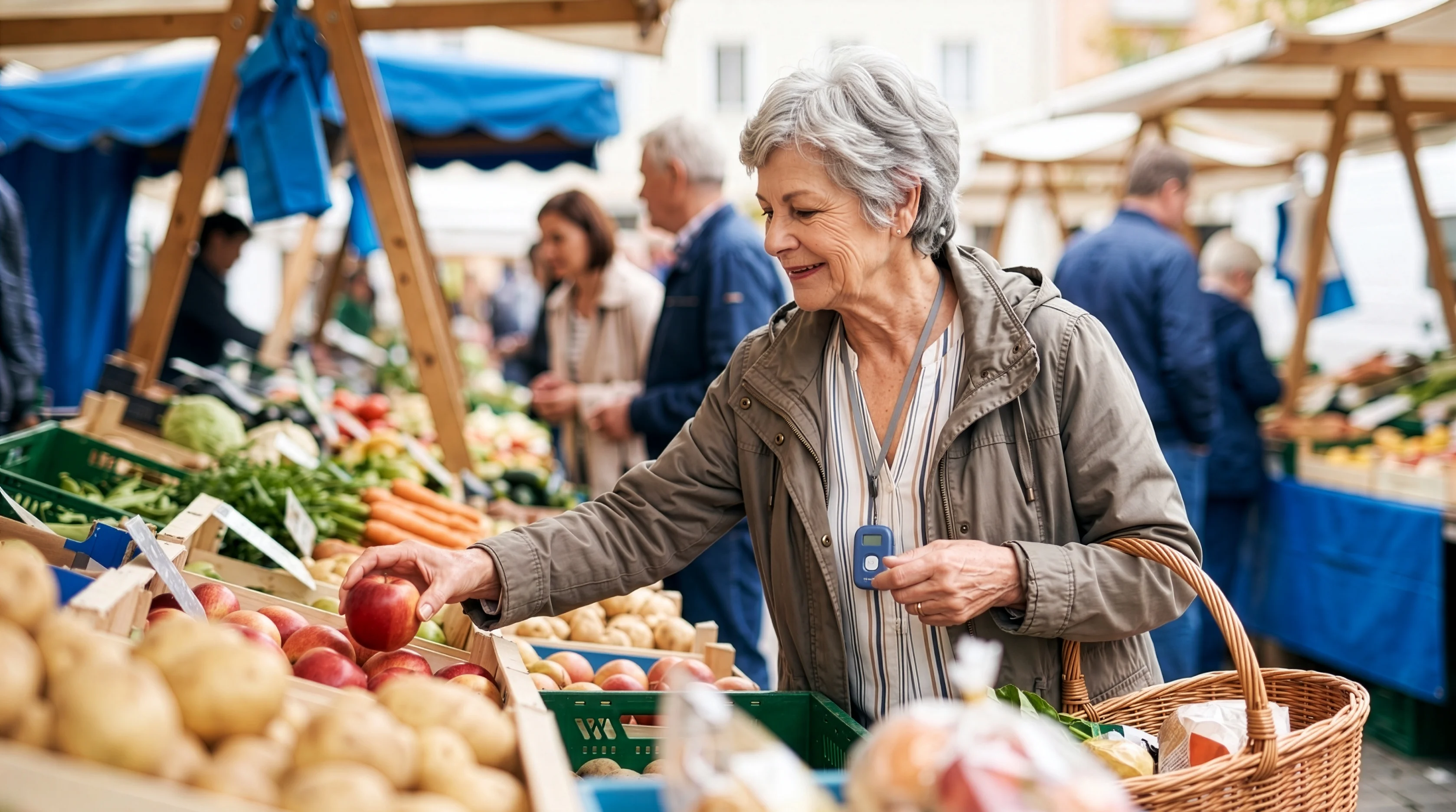Ältere Frau kauft einen Apfel auf einem Markt mit einem Notrufsystem um den Hals