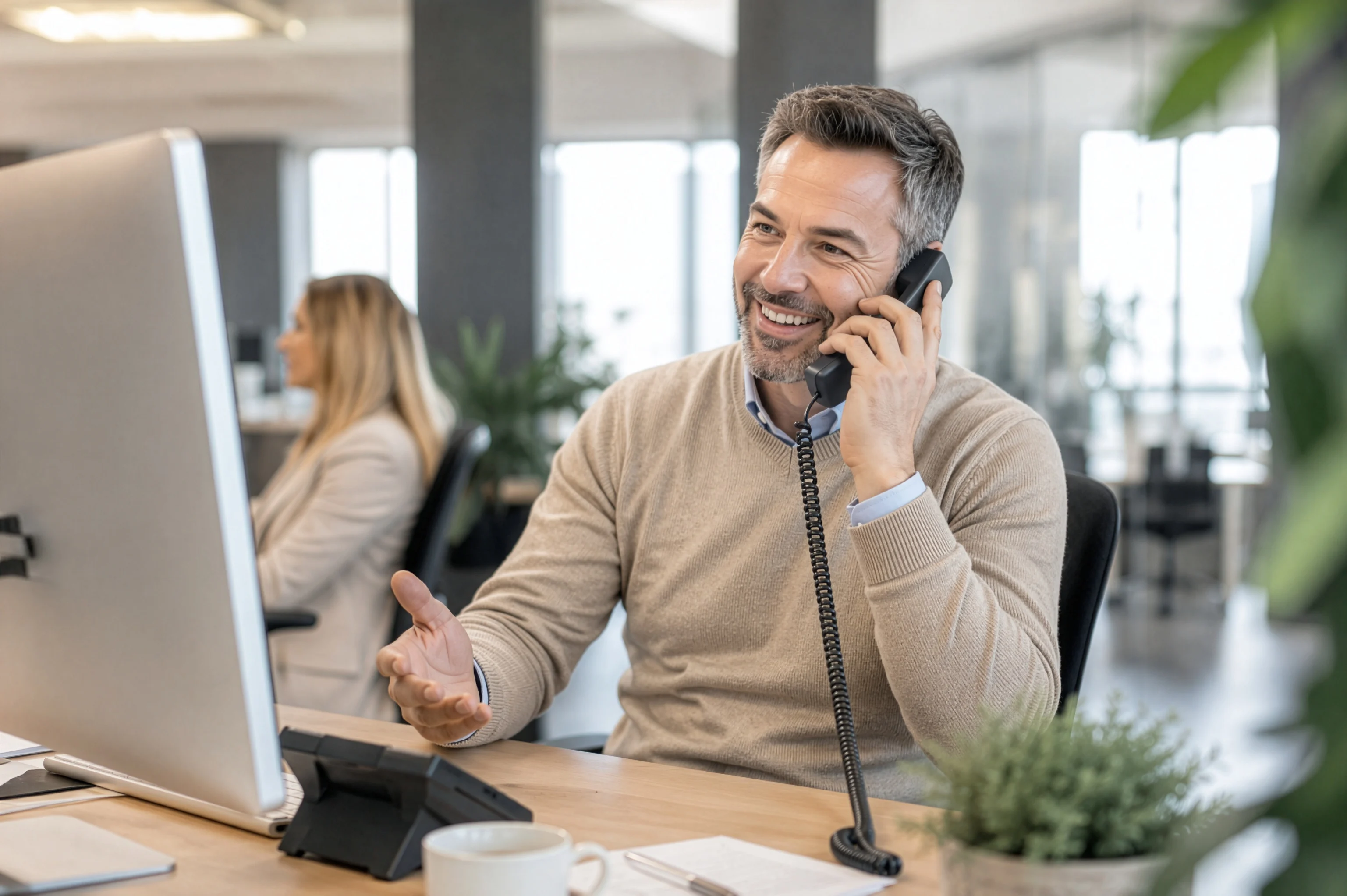 Mann lächelt und erklärt etwas am Telefon