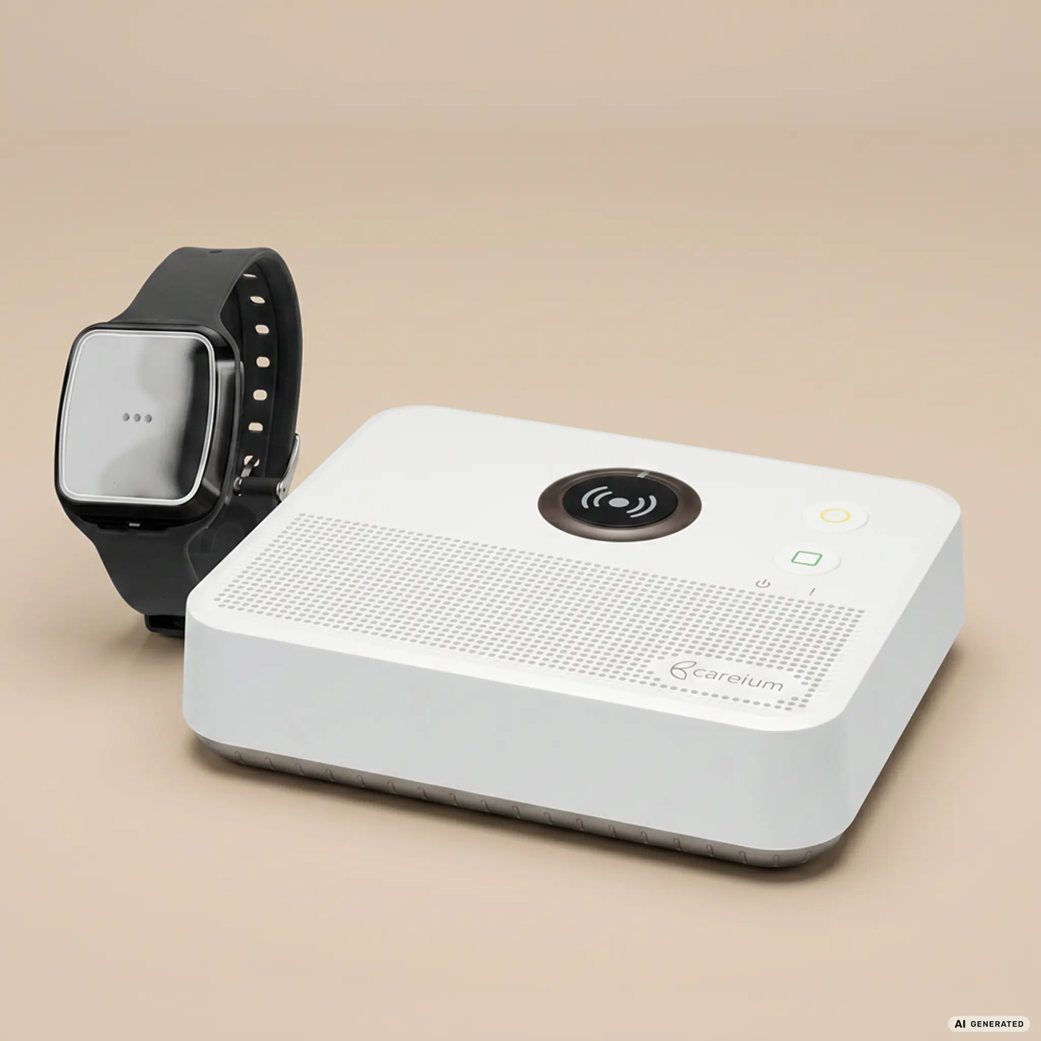 Weißes Careium-Gerät mit Ladestation neben schwarzer Smartwatch auf beigem Hintergrund.