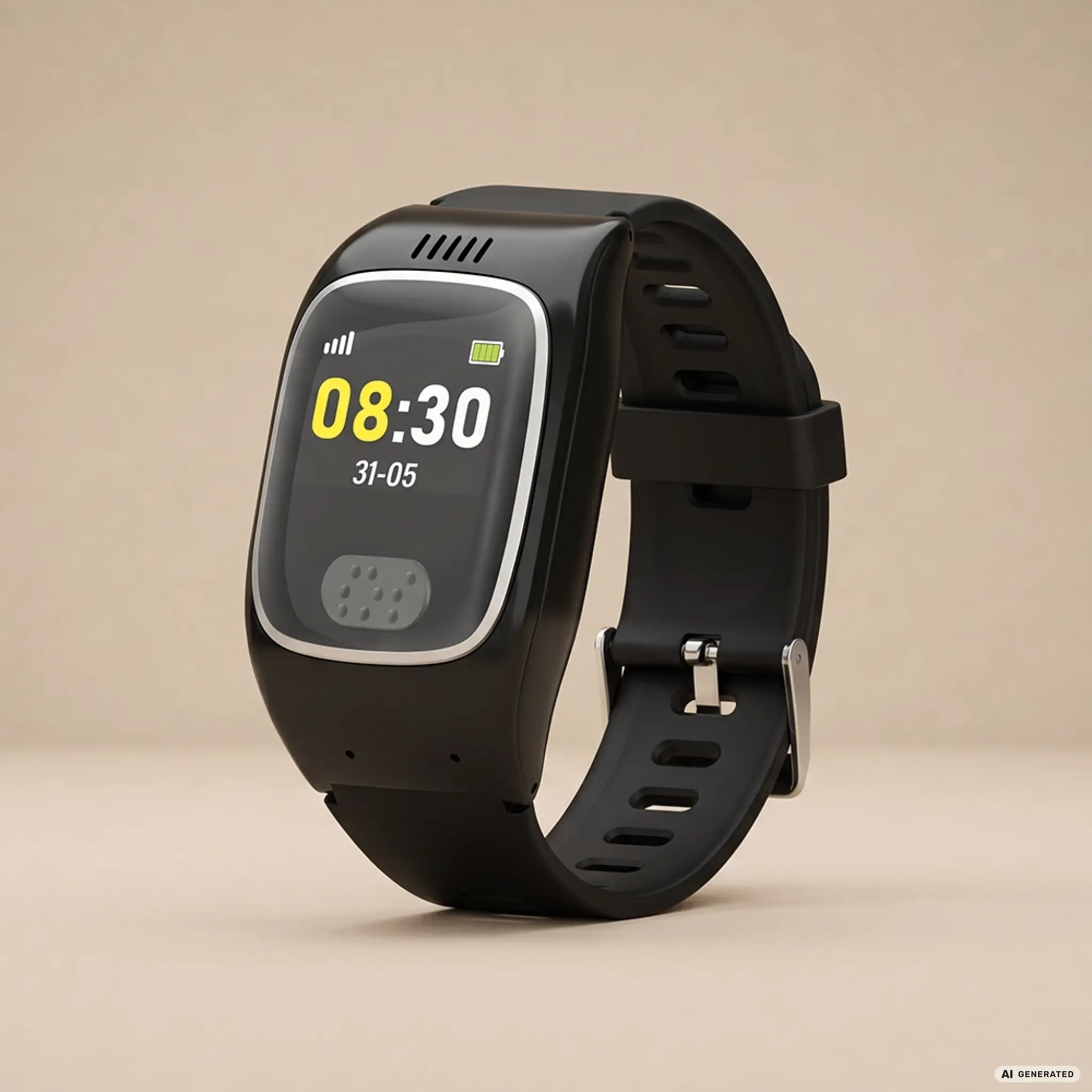 Schwarze Smartwatch mit digitaler Anzeige der Uhrzeit 08:30 und Datum 31-05 auf beigem Hintergrund.