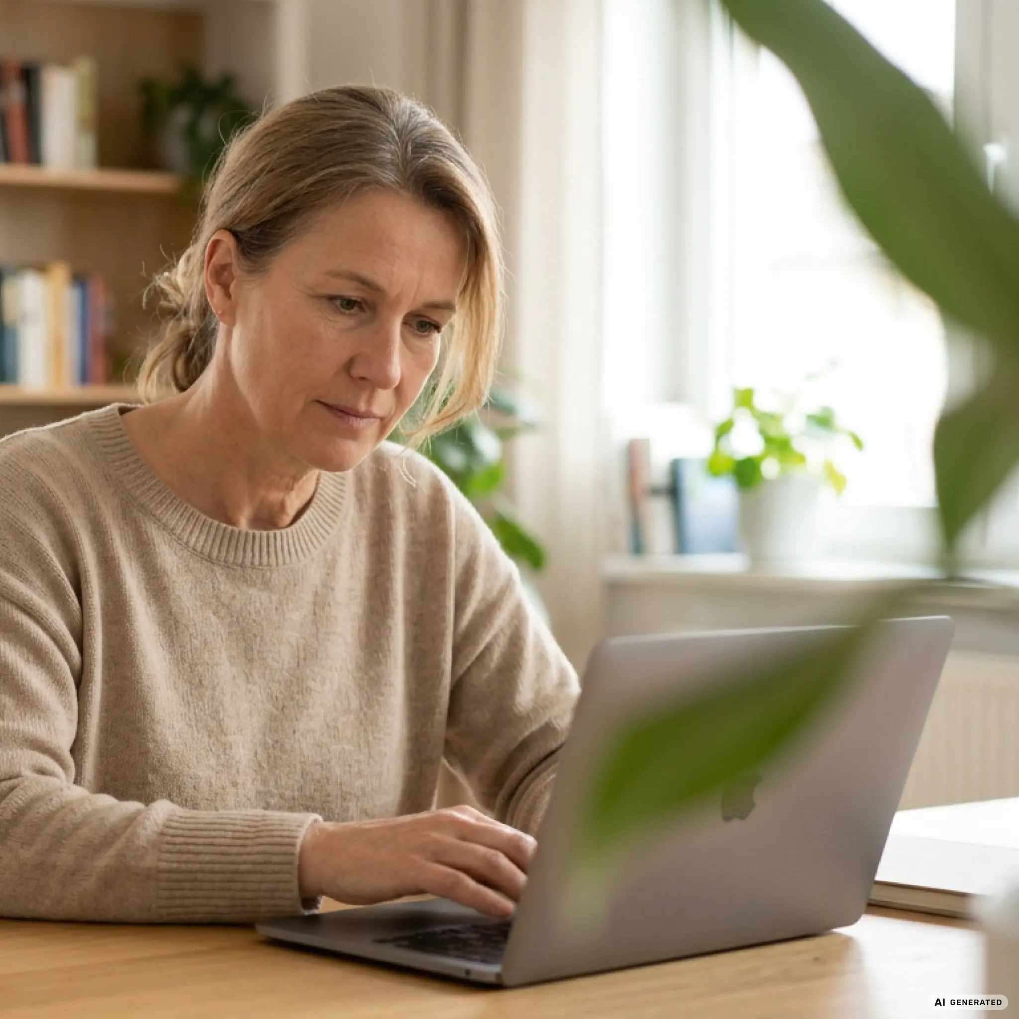 Frau mittleren Alters arbeitet konzentriert an einem Laptop zu Hause an einem Holztisch.