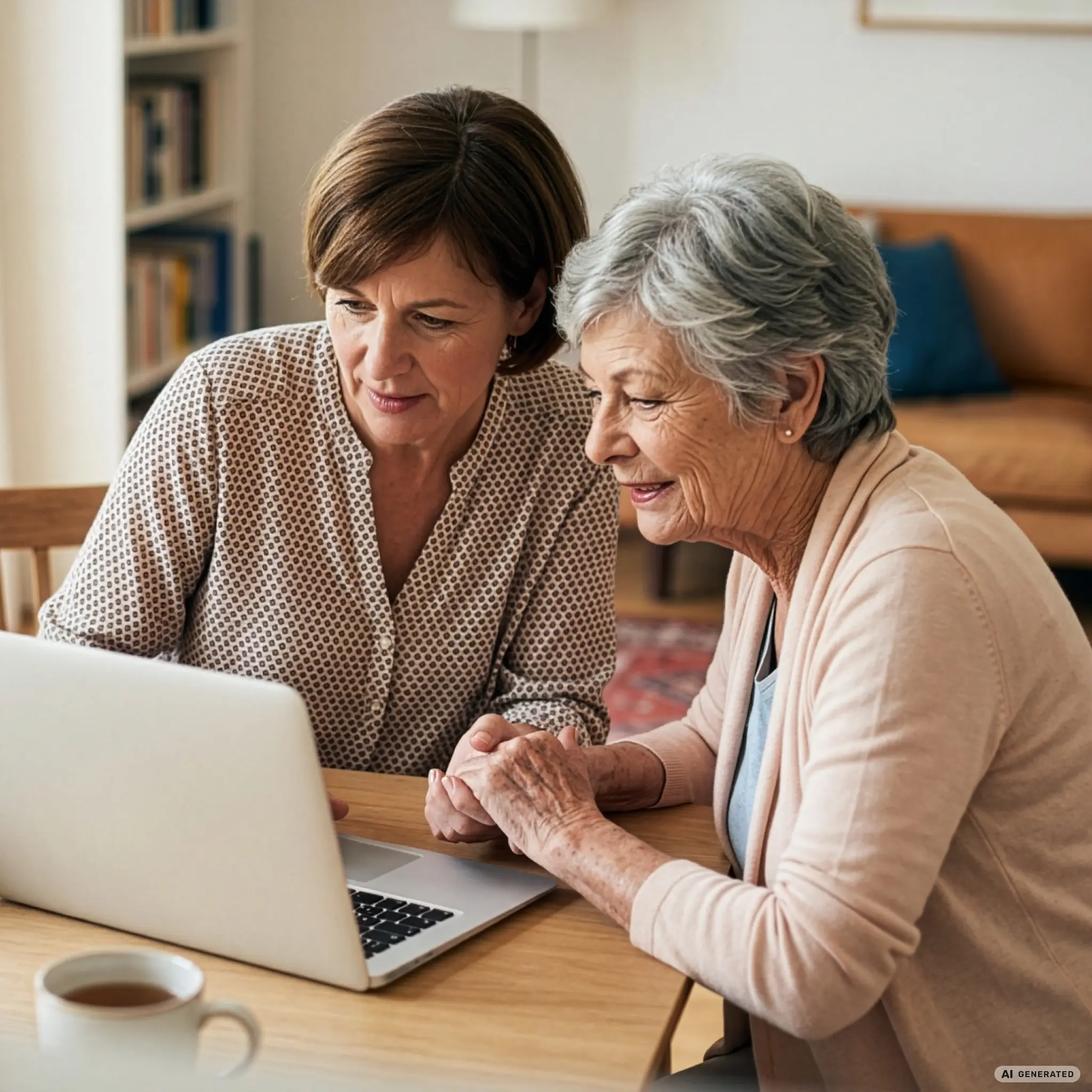 Zwei Frauen, eine älter, eine jünger, sitzen zu Hause an einem Tisch und schauen gemeinsam auf einen Laptop.