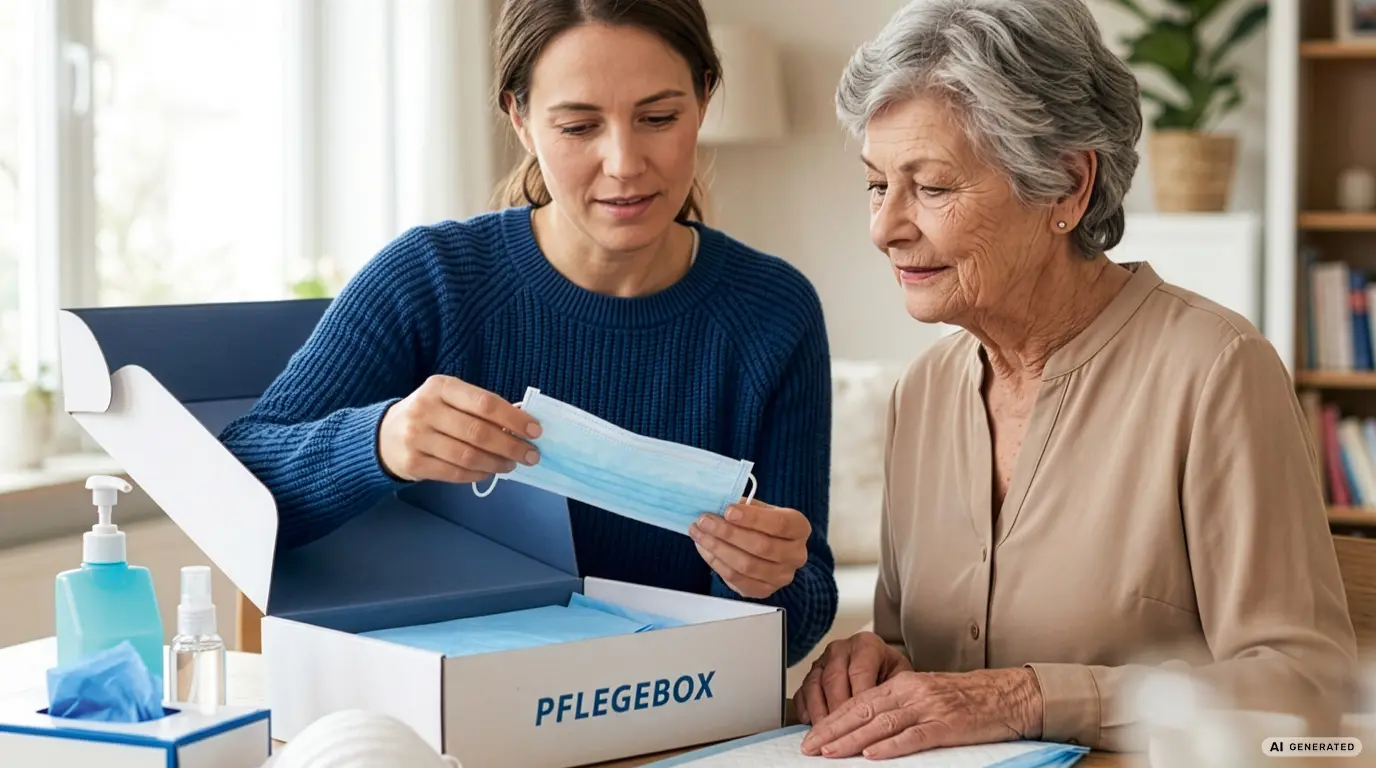 Jüngere Frau zeigt ältere Frau eine Maske aus einer Pflegebox mit Hygieneartikeln.