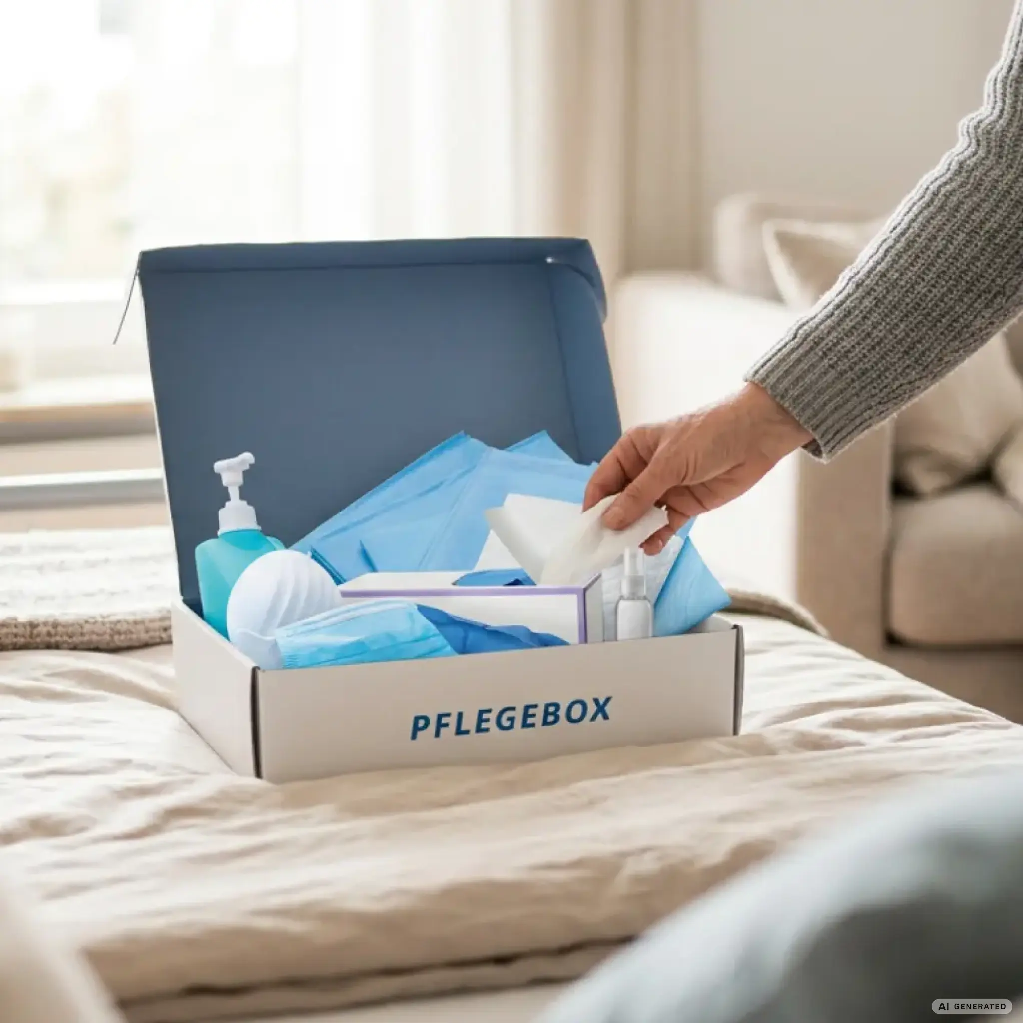 Hand nimmt ein Tuch aus einer Pflegebox mit Hygieneartikeln auf einem Bett.
