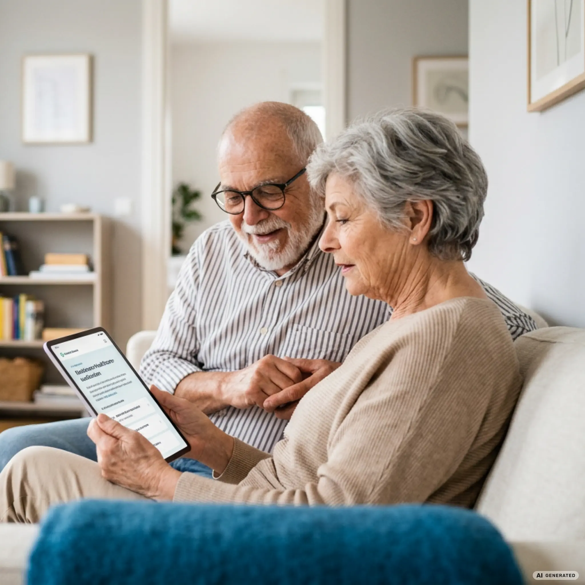 Älteres Paar sitzt auf Sofa und schaut zusammen auf ein Tablet mit Gesundheitsinhalten.