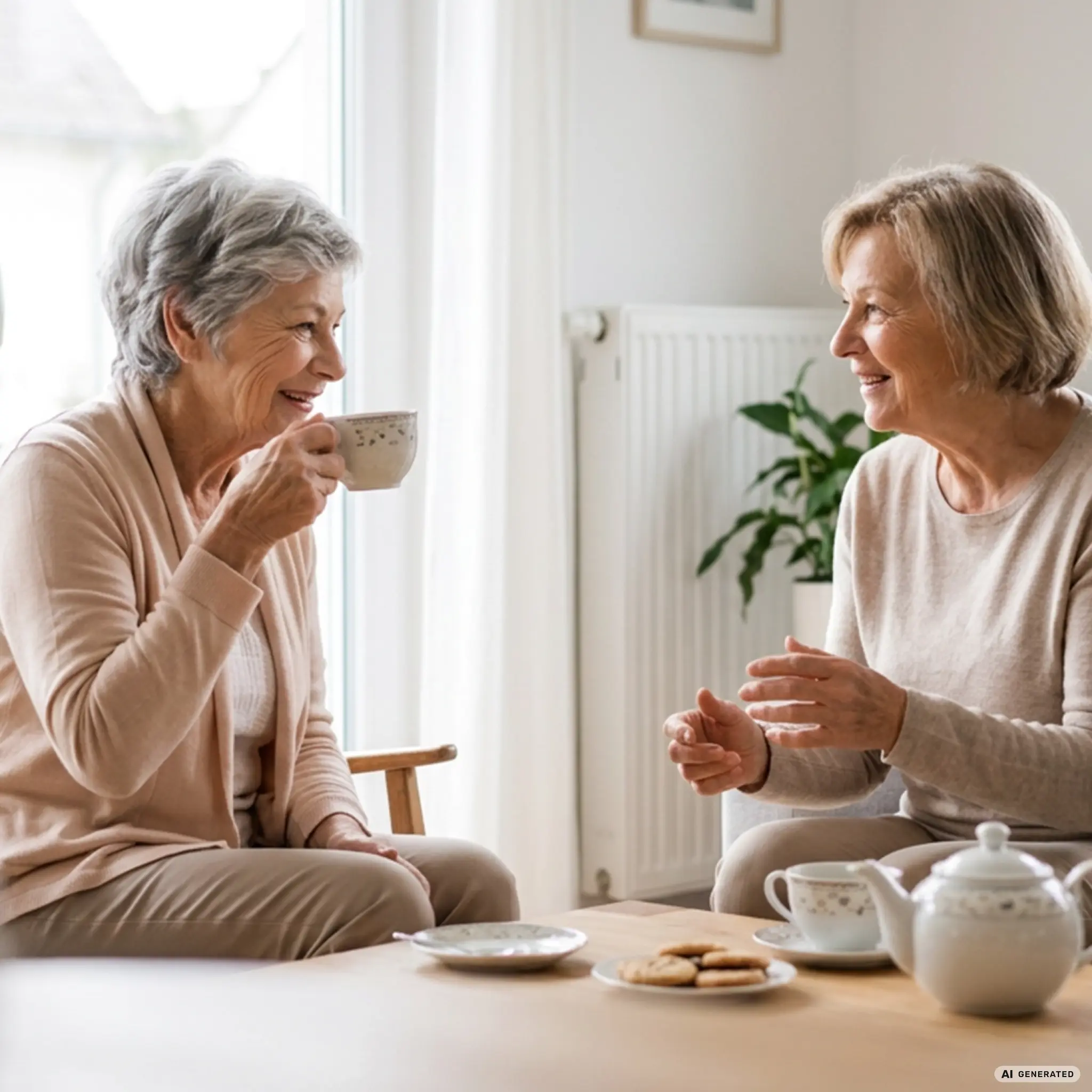 Zwei ältere Frauen trinken Tee und unterhalten sich in einem gemütlichen Wohnzimmer.