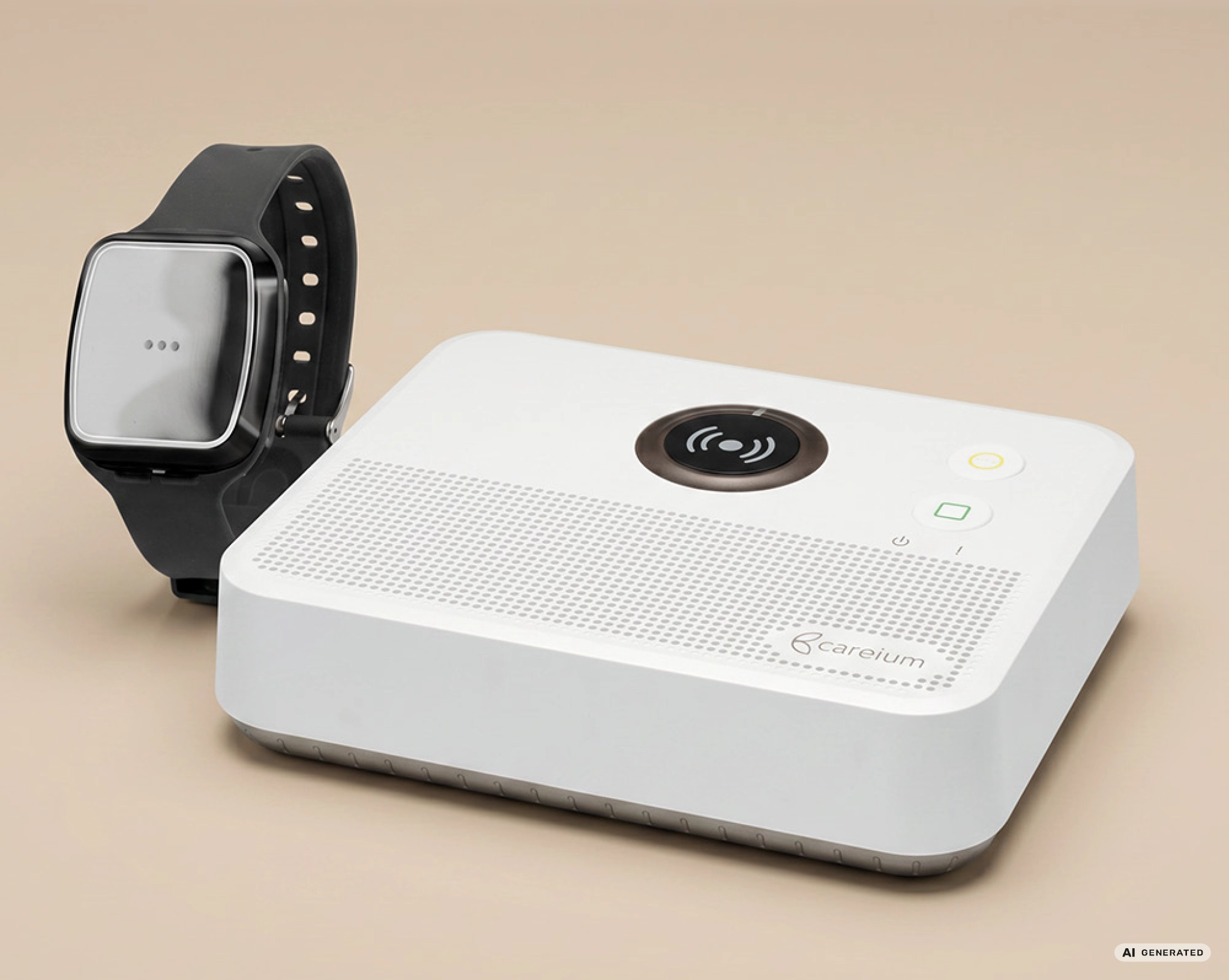 Weißes medizinisches Gerät mit schwarzer Smartwatch auf beigem Hintergrund.