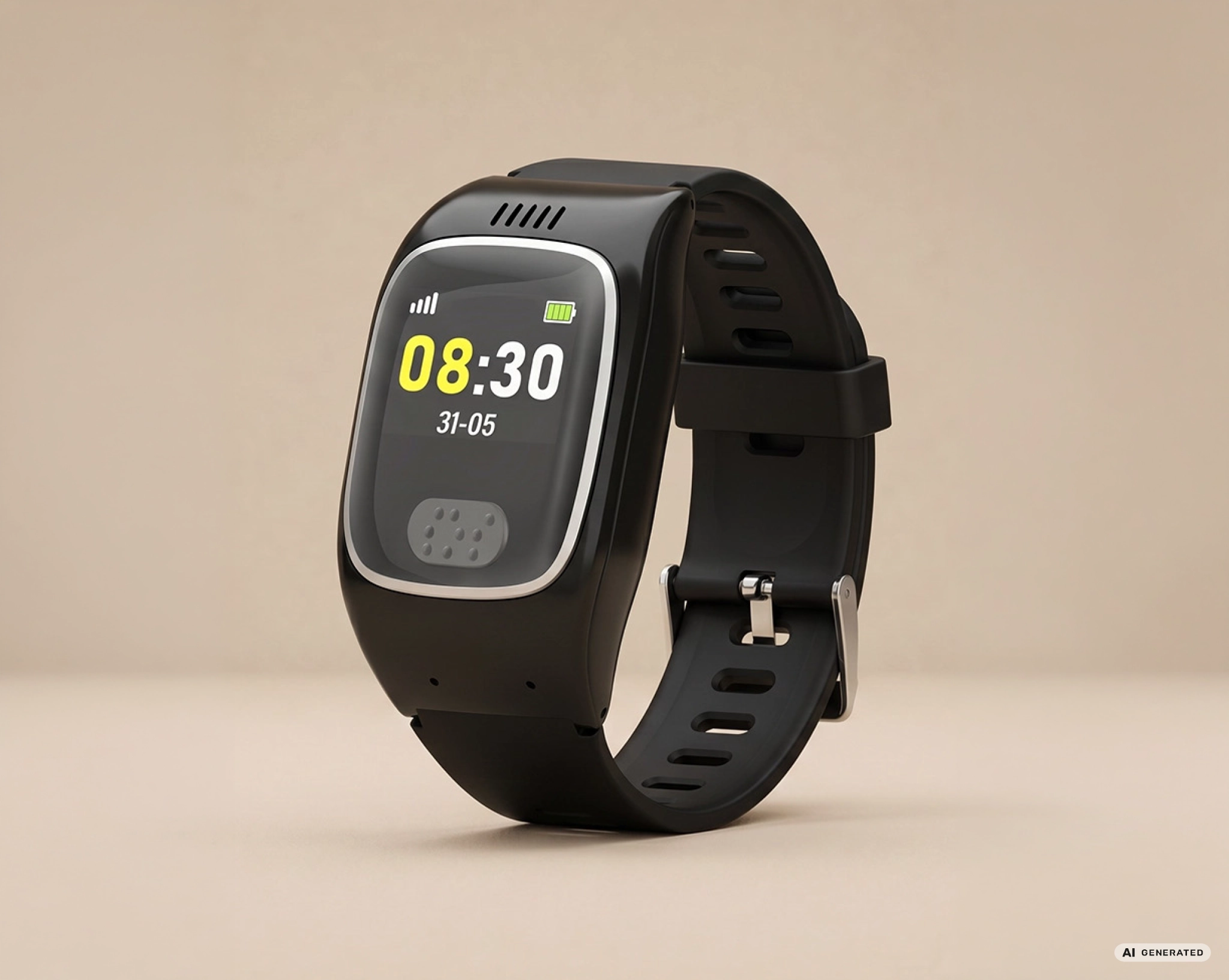 Digitale schwarze Smartwatch zeigt 08:30 Uhr, Datum 31-05, Akku- und Signalstärkeanzeige.
