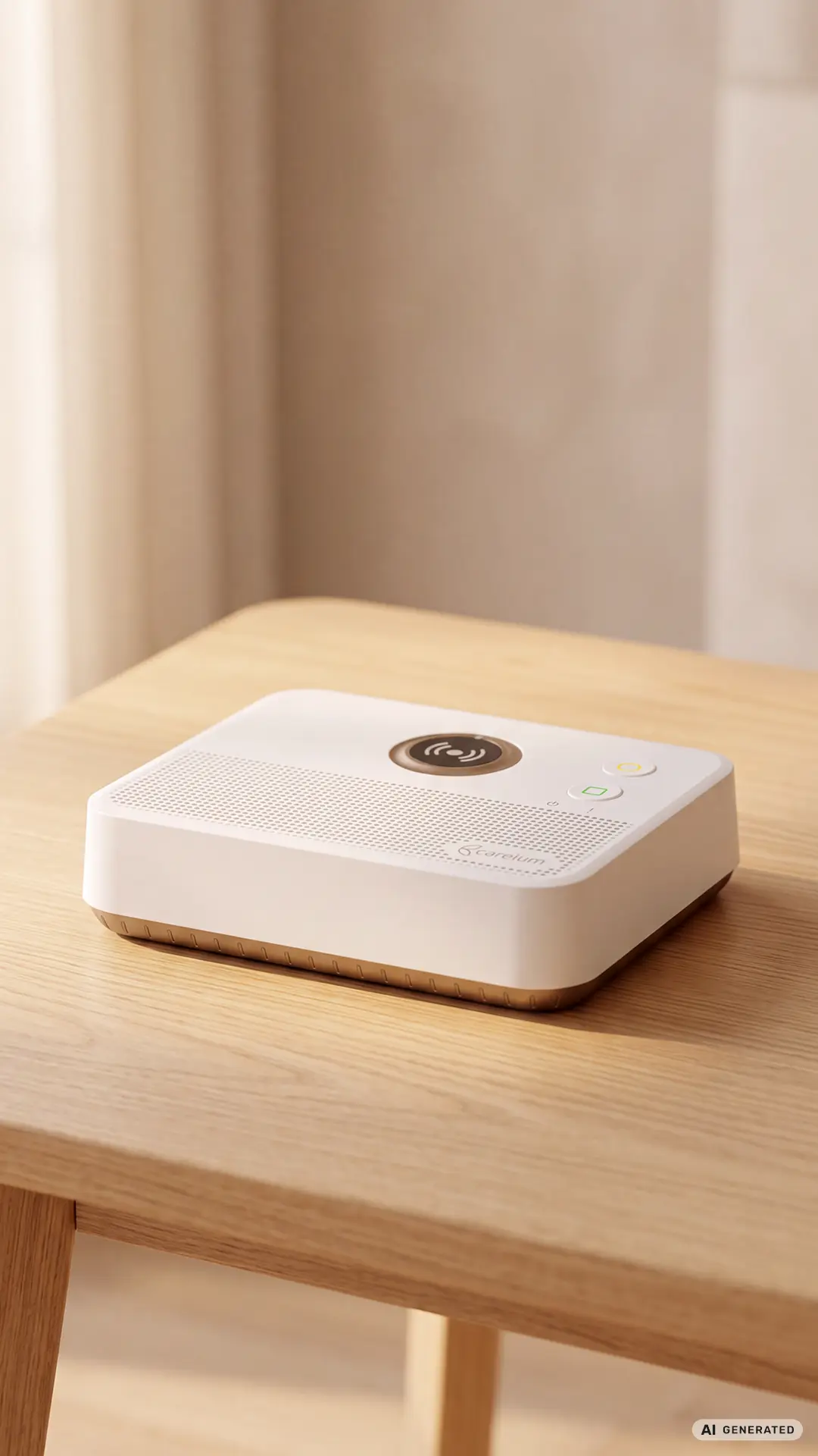 Weißes elektronisches Gerät mit Tasten und Lautsprecher, das auf einem Holztisch steht.