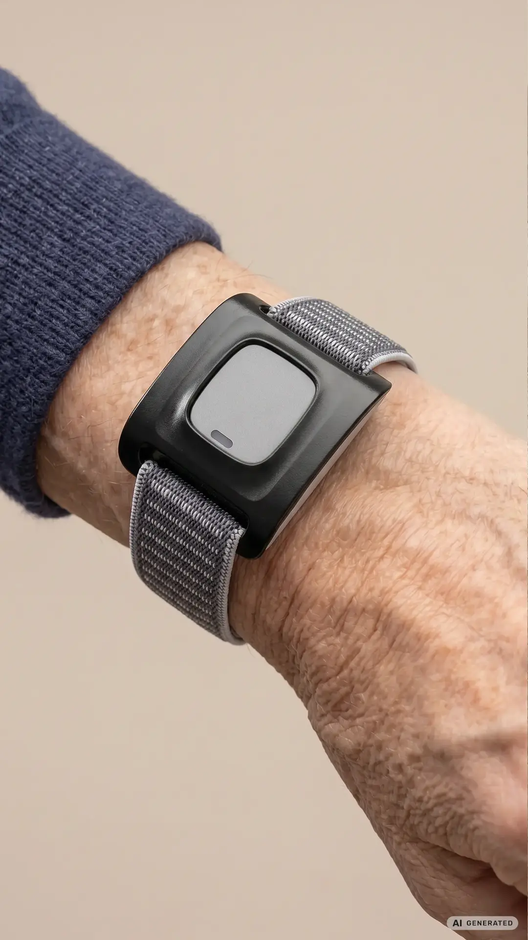 Älteres Handgelenk mit grauem, technisch aussehenden Armband und schwarzem Gehäuse.