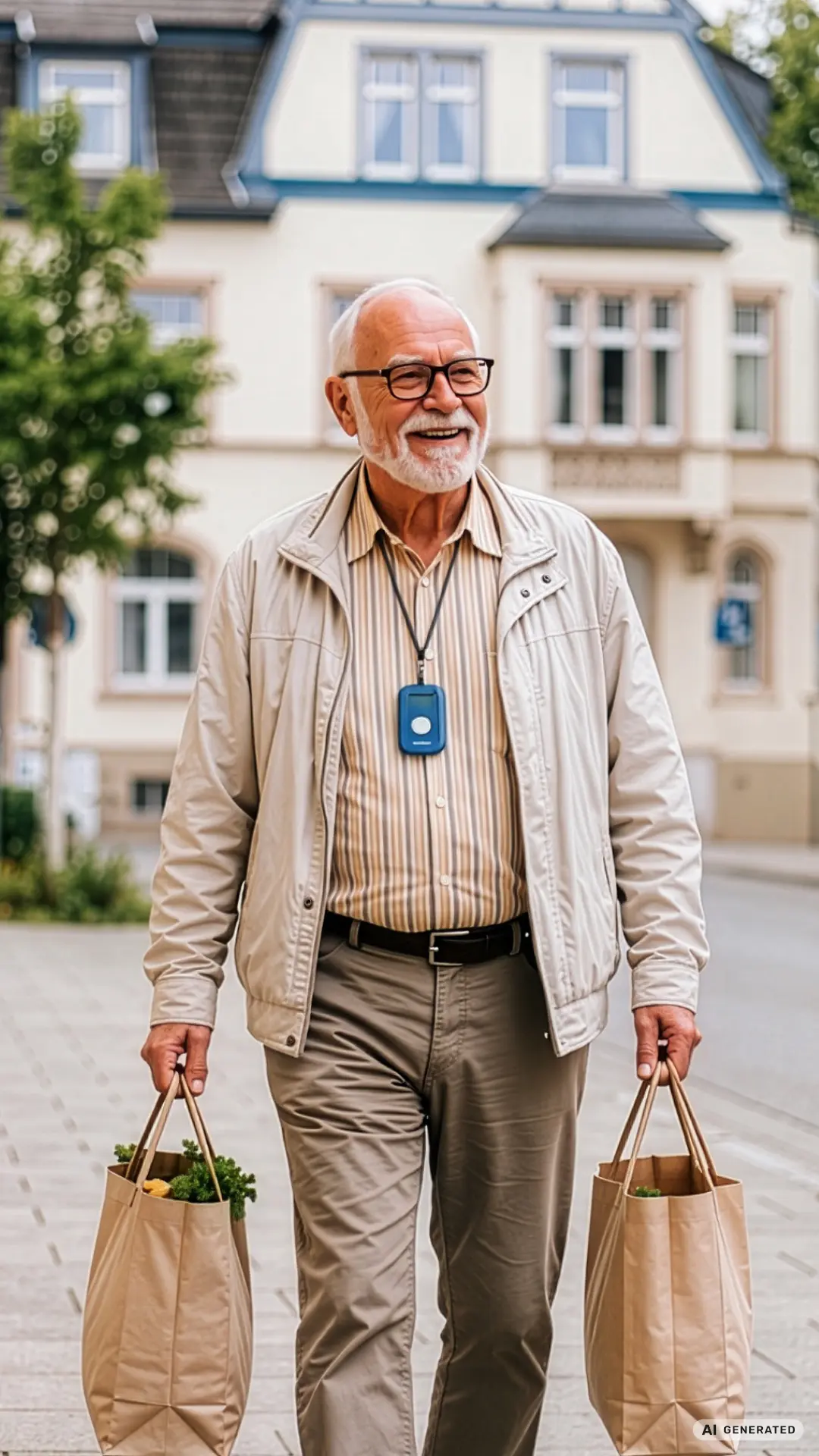 Älterer Mann trägt Einkaufstüten in beiden Händen und trägt einen Notfallalarm um den Hals.
