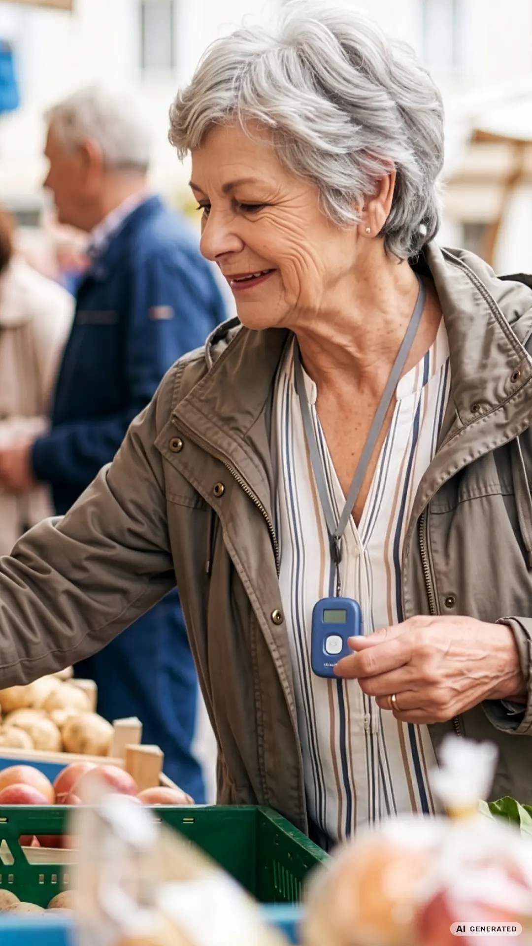 Ältere Frau kauft Obst auf einem Markt, trägt ein medizinisches Alarmgerät um den Hals.