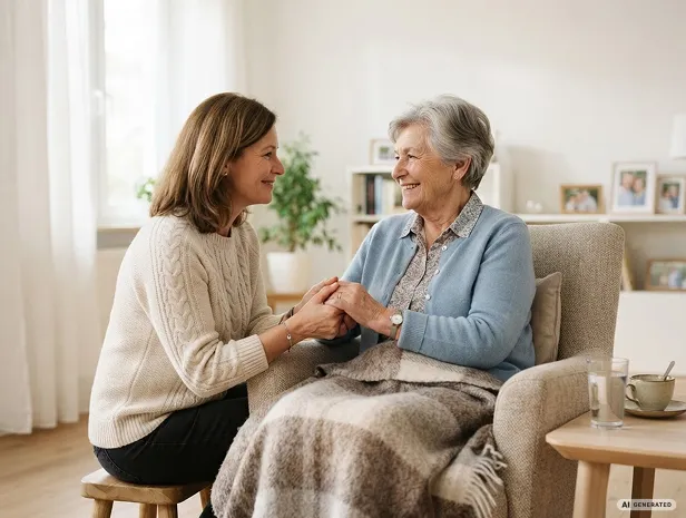 Tochter hält liebevoll die Hand ihrer älteren Mutter im Wohnzimmer