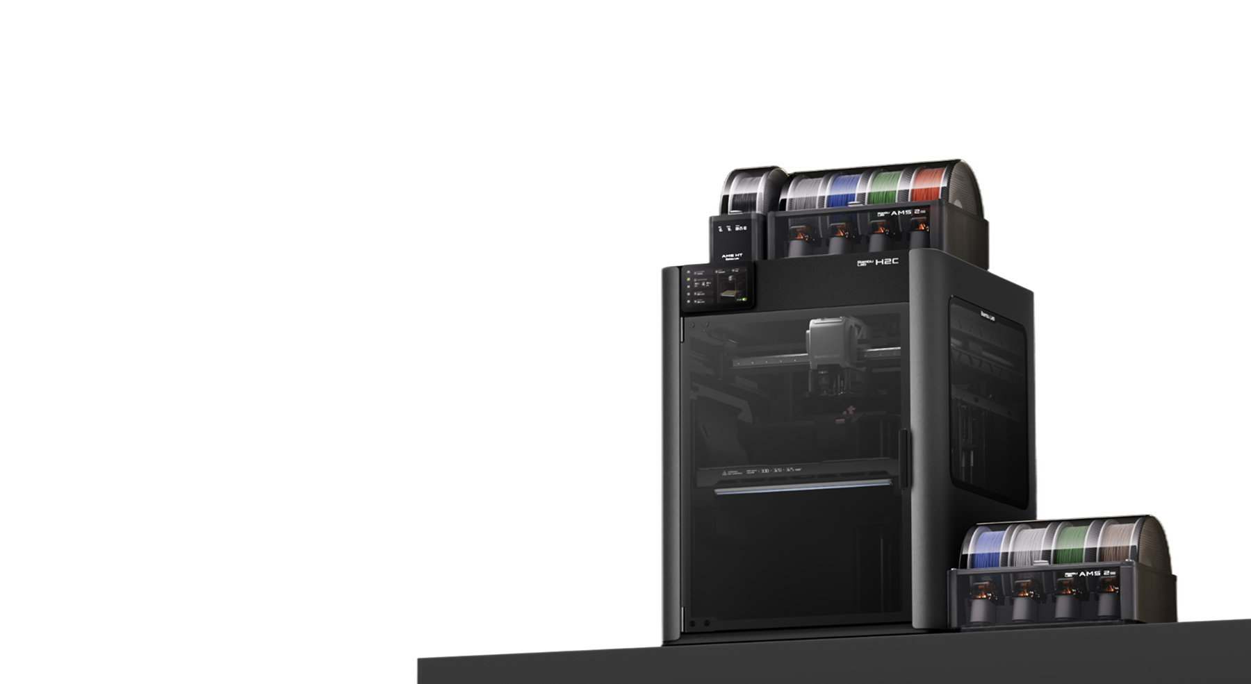 Black 3D printer with filament spools in five colors on top and side stands on black surface.