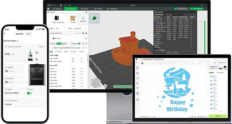 Computer and devices showing 3D printing software, settings, and a happy birthday design.