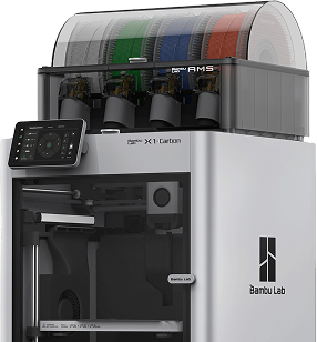 Bambu Lab X1 Carbon 3D printer with filament spools in clear top compartment and touchscreen control panel.