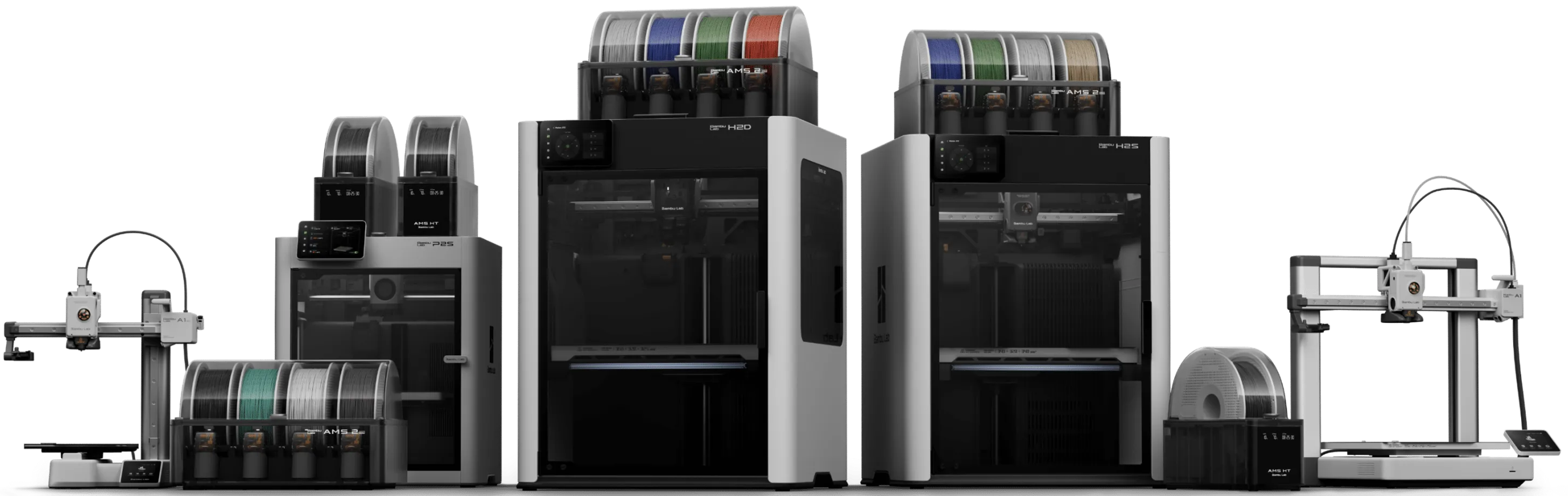 Five advanced 3D printers with multiple filament spools arranged in a row on a white background.