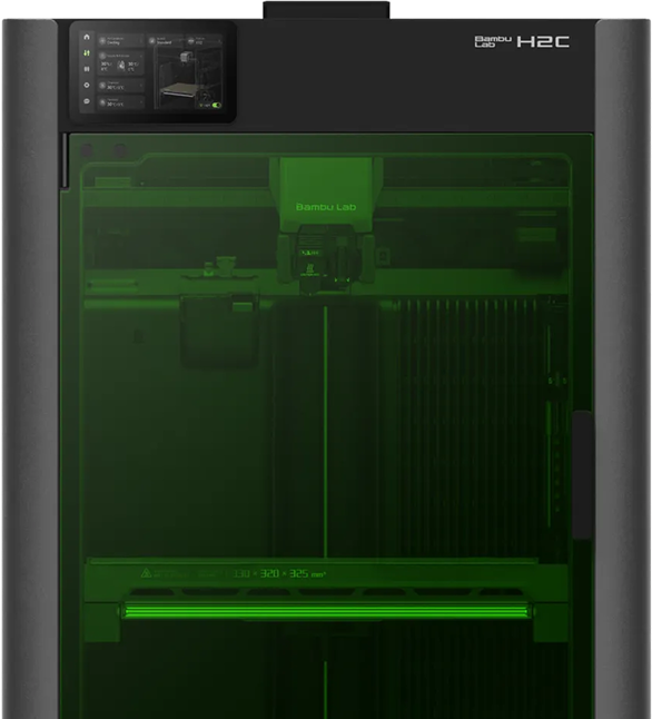 Bambu Lab H2C 3D printer with a green transparent front panel and touchscreen display on top left.