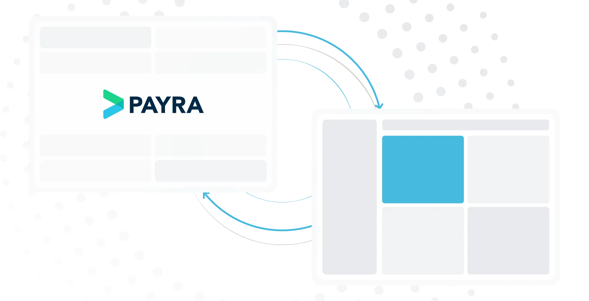 Two user interface windows connected by arrows, one showing PAYRA logo.